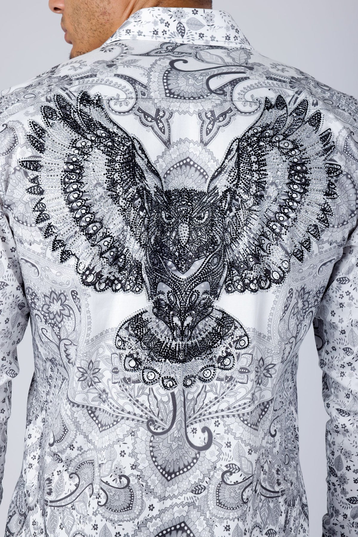 BARABAS Men's Rhinestone Eagle Long Sleeve Shirts 4SPR01 White