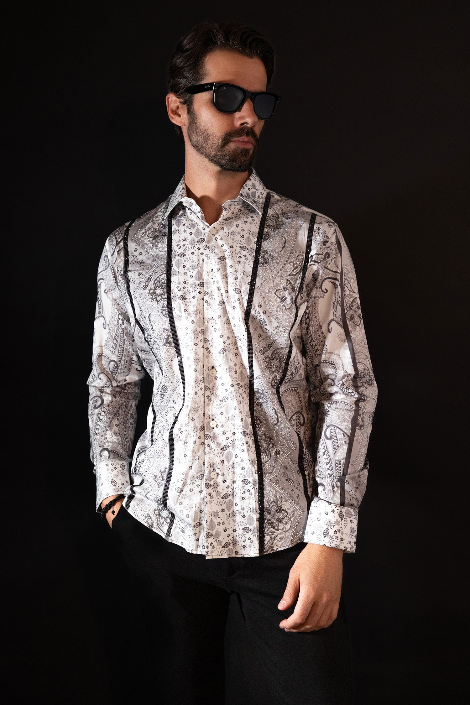 BARABAS Men's Rhinestone Eagle Long Sleeve Shirts 4SPR01 White