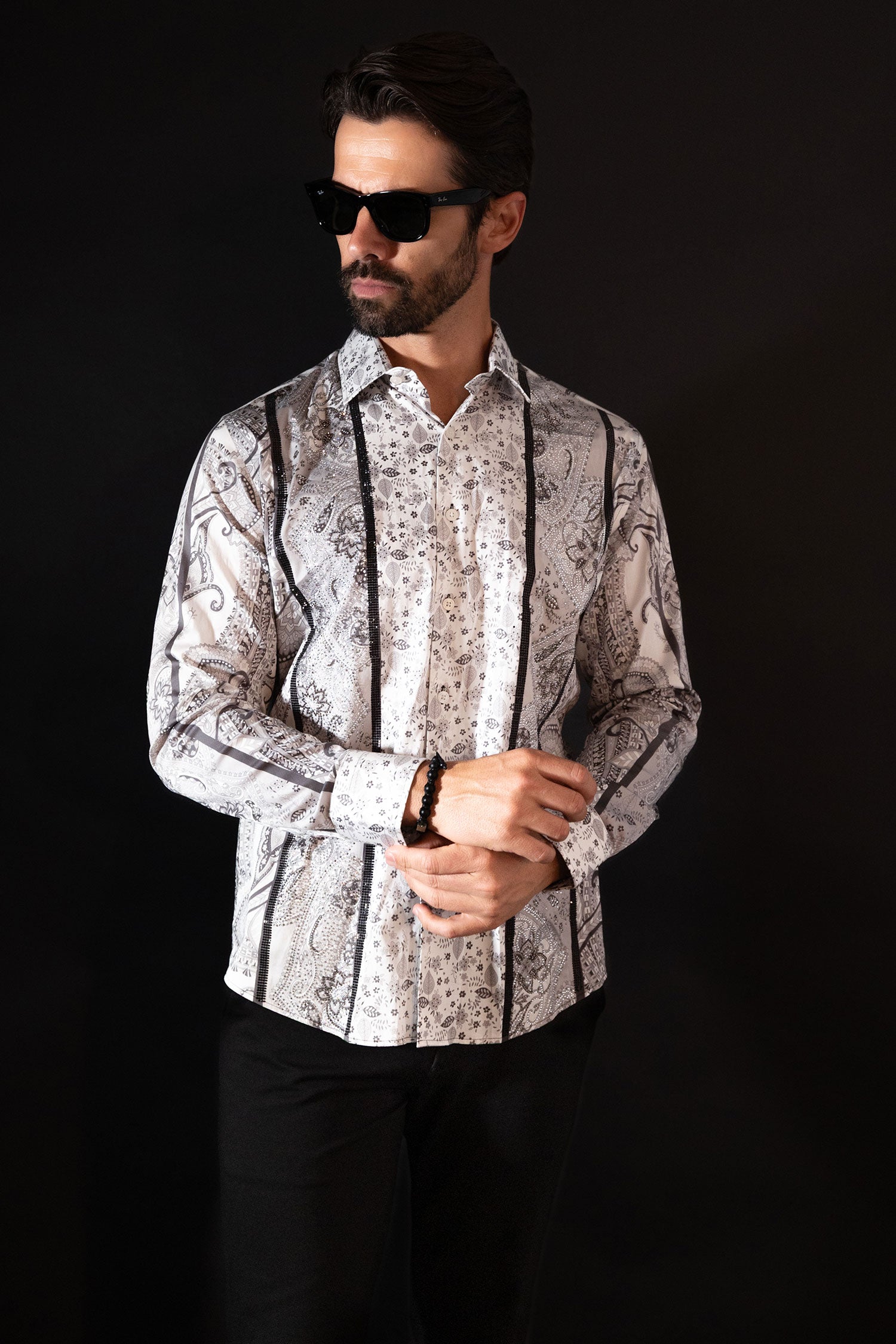 BARABAS Men's Rhinestone Eagle Long Sleeve Shirts 4SPR01 White