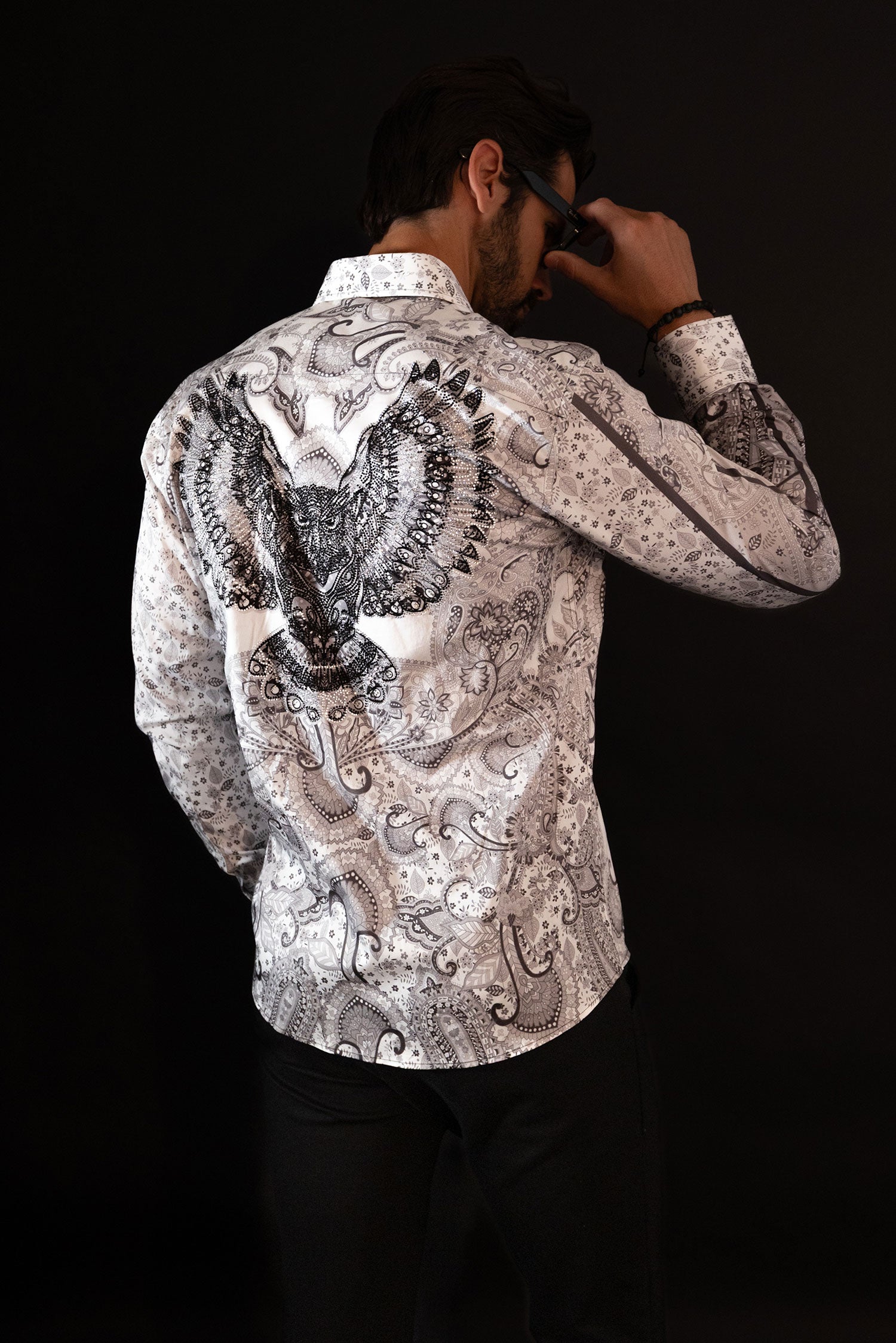 BARABAS Men's Rhinestone Eagle Long Sleeve Shirts 4SPR01 White