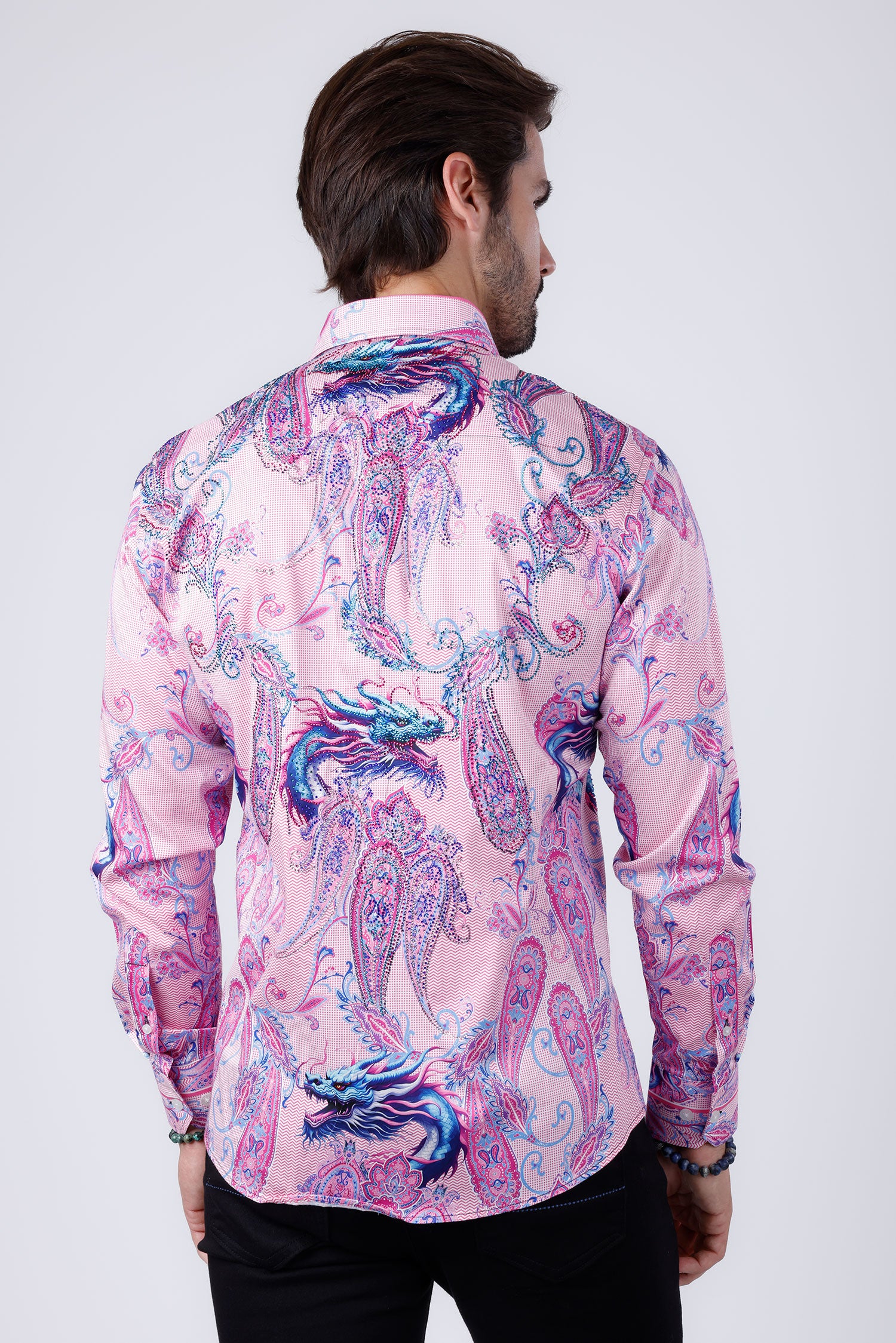 Barabas Men's Rhinestone Paisley Dragon Long Sleeve Shirts 4SPR02 Blue