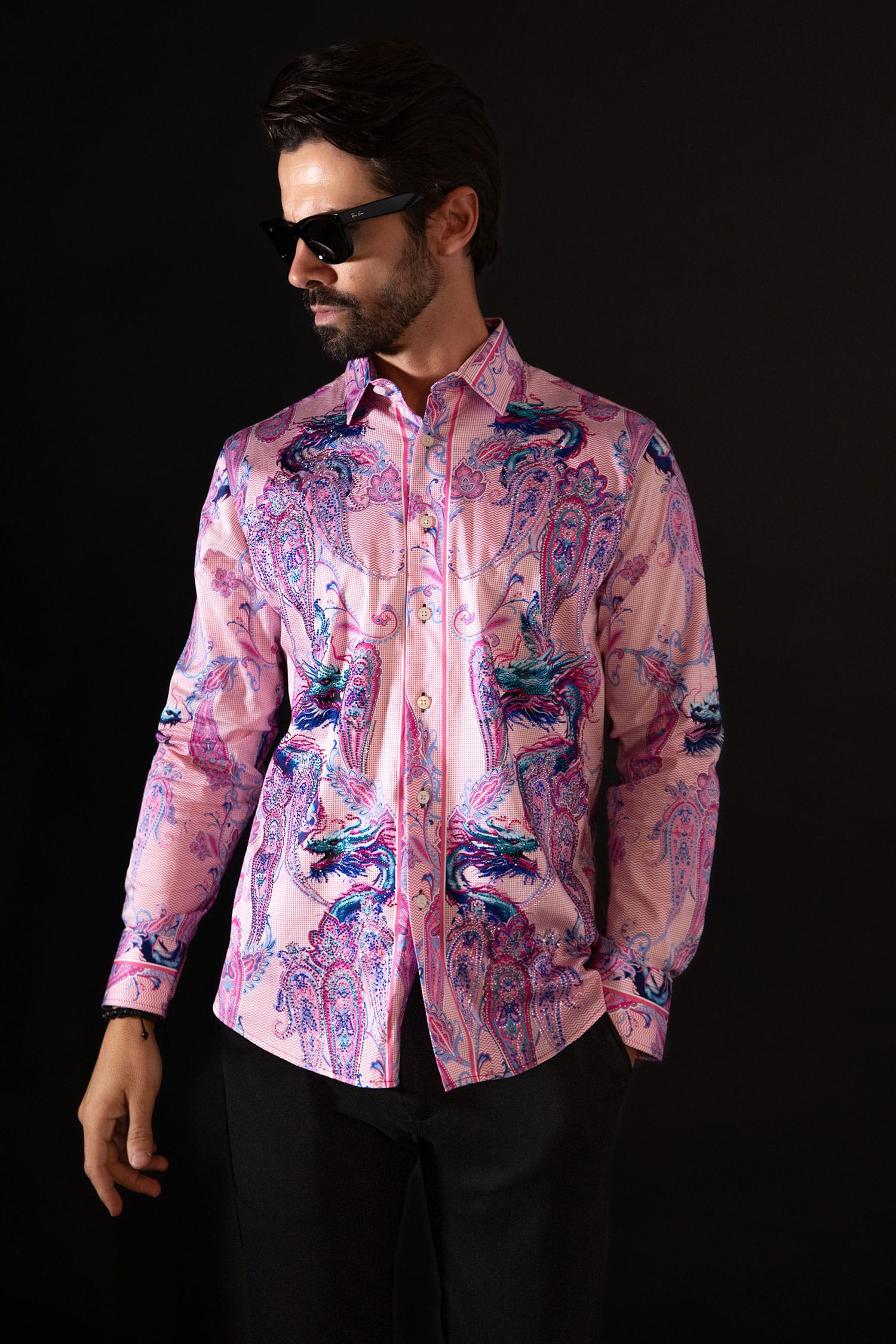 Barabas Men's Rhinestone Paisley Dragon Long Sleeve Shirts 4SPR02 Pink