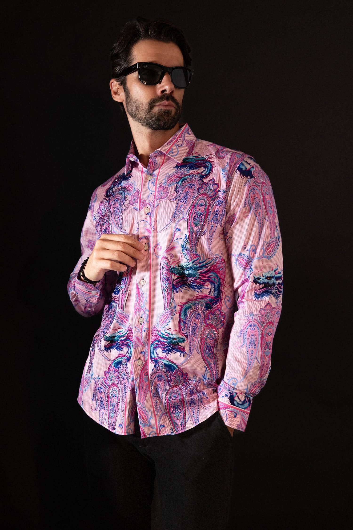 Barabas Men's Rhinestone Paisley Dragon Long Sleeve Shirts 4SPR02 Pink