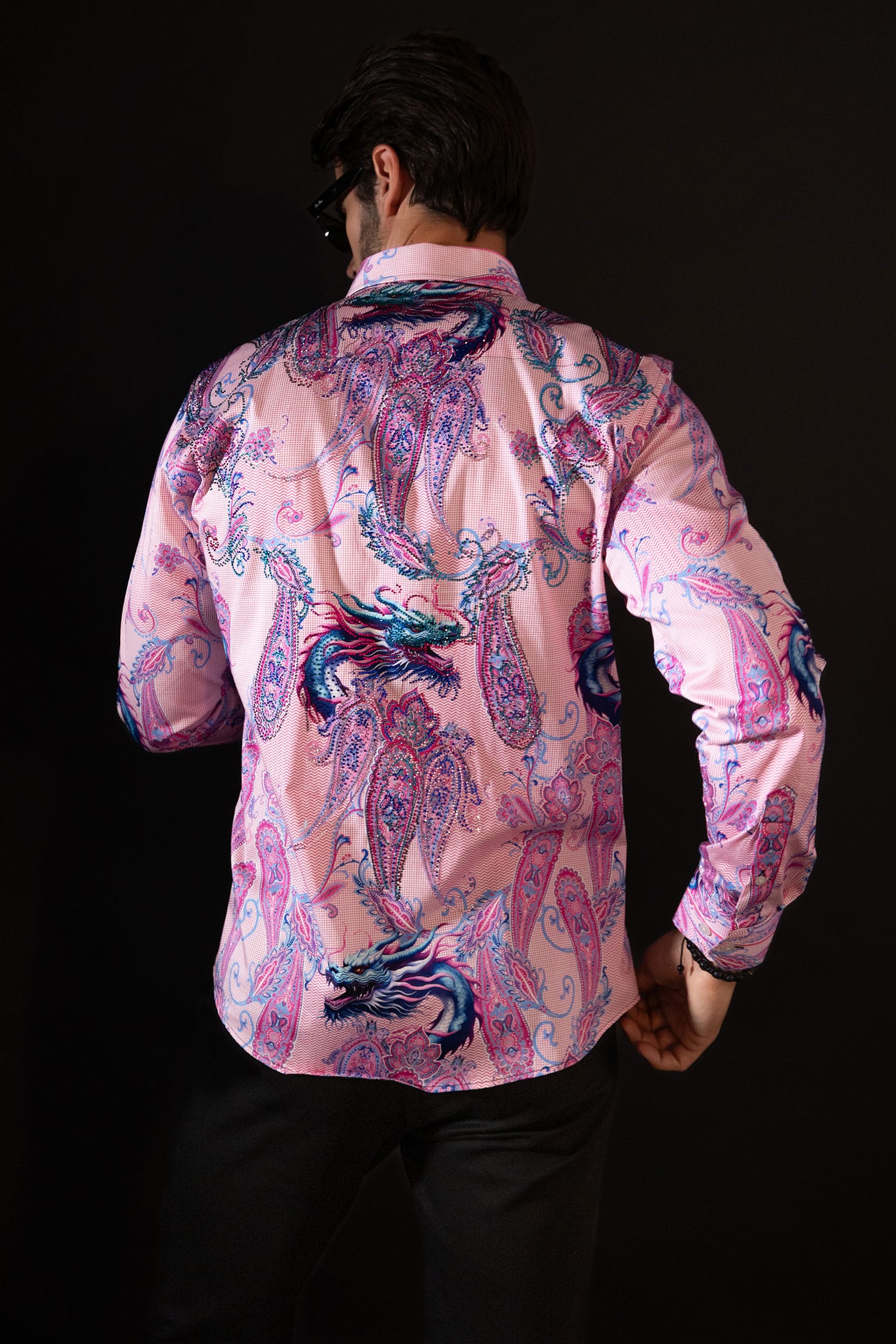 Barabas Men's Rhinestone Paisley Dragon Long Sleeve Shirts 4SPR02 Pink