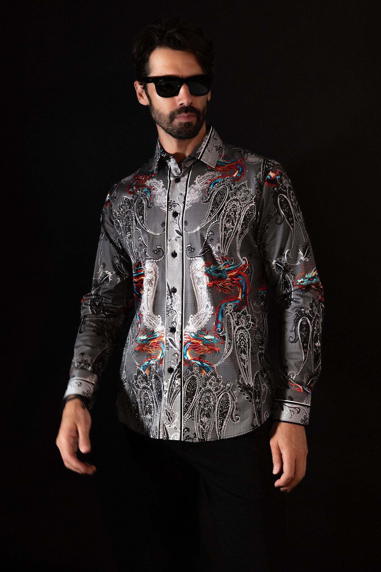 Barabas Men's Rhinestone Paisley Dragon Long Sleeve Shirts 4SPR02 Black