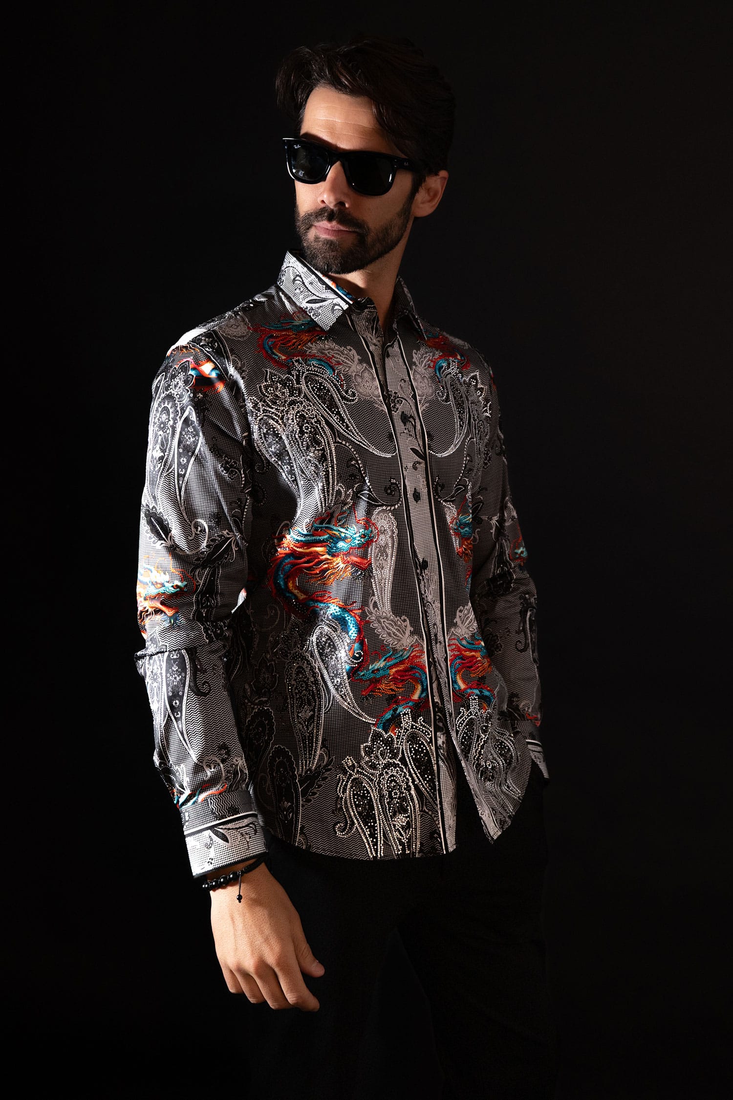 Barabas Men's Rhinestone Paisley Dragon Long Sleeve Shirts 4SPR02 Black