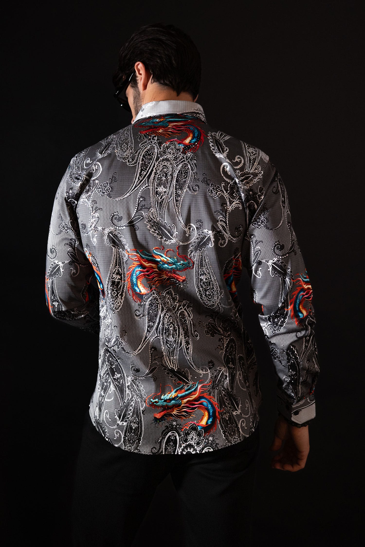 Barabas Men's Rhinestone Paisley Dragon Long Sleeve Shirts 4SPR02 Black