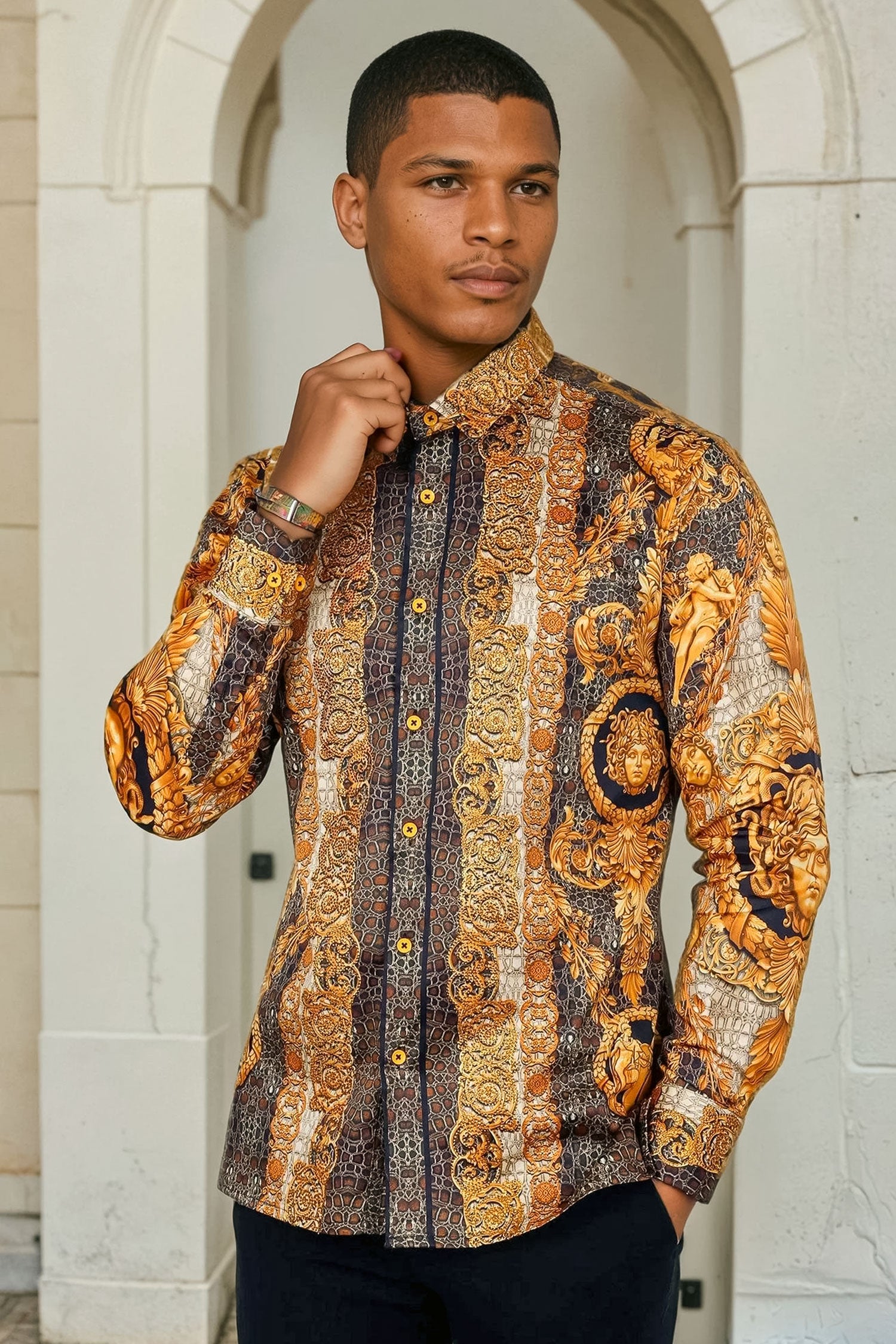 Barabas Men's Rhinestone Medusa Snake Skin Long Sleeve Shirts 4SPR03 Brown