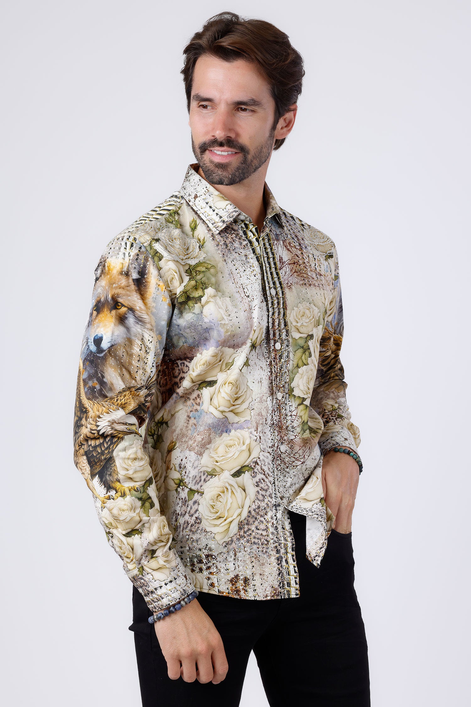 Barabas Men's Rhinestone Floral Wolf Long Sleeve Shirts 4SPR04 Cream