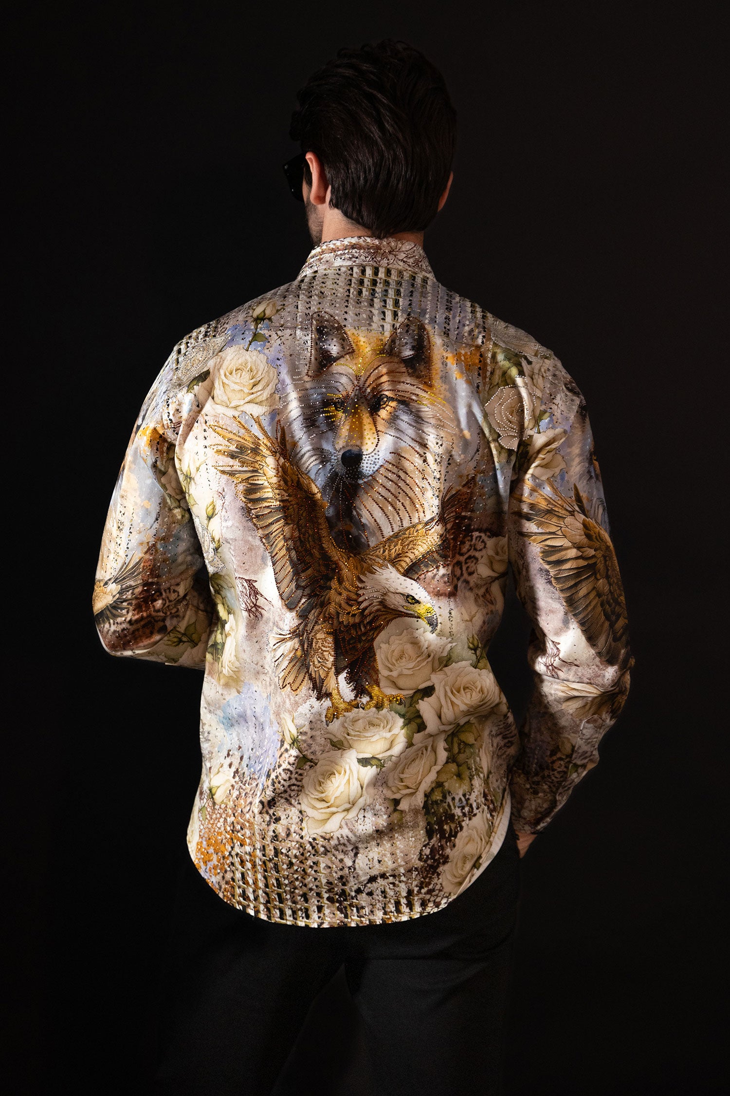 Barabas Men's Rhinestone Floral Wolf Long Sleeve Shirts 4SPR04 Beige
