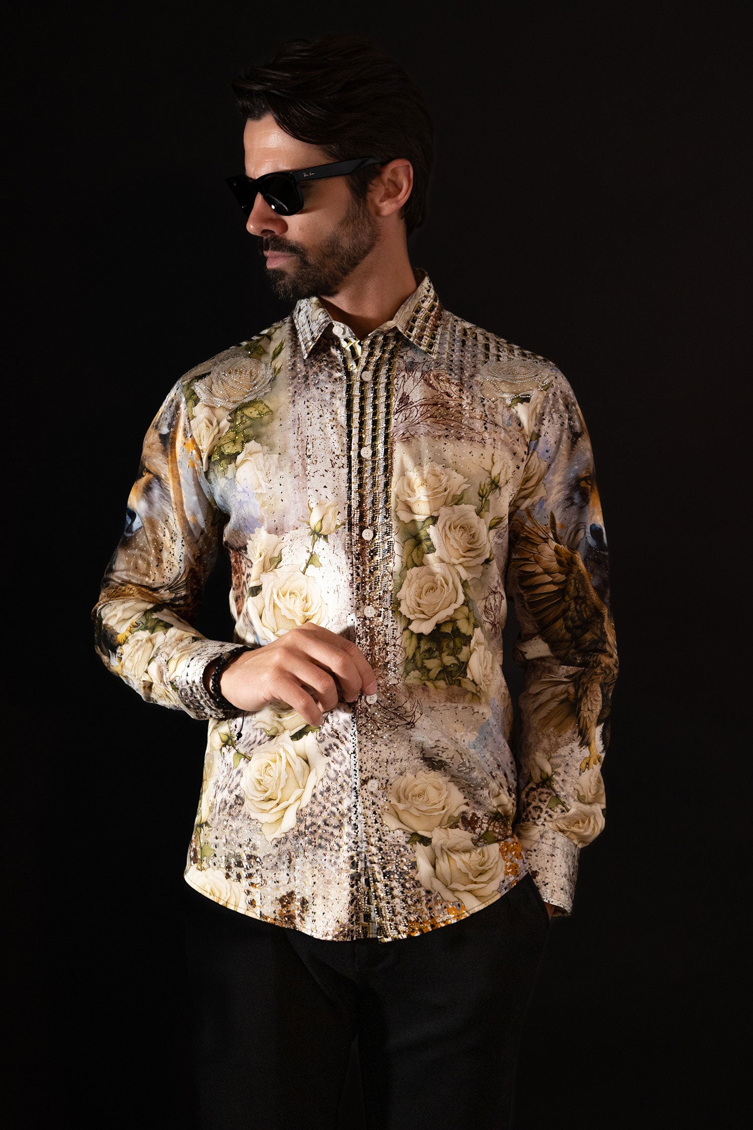 Barabas Men's Rhinestone Floral Wolf Long Sleeve Shirts 4SPR04 Beige