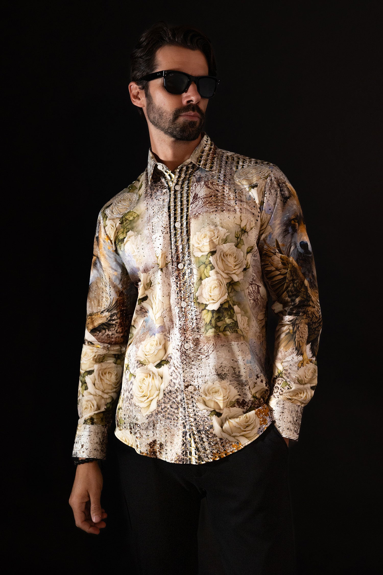 Barabas Men's Rhinestone Floral Wolf Long Sleeve Shirts 4SPR04 Beige