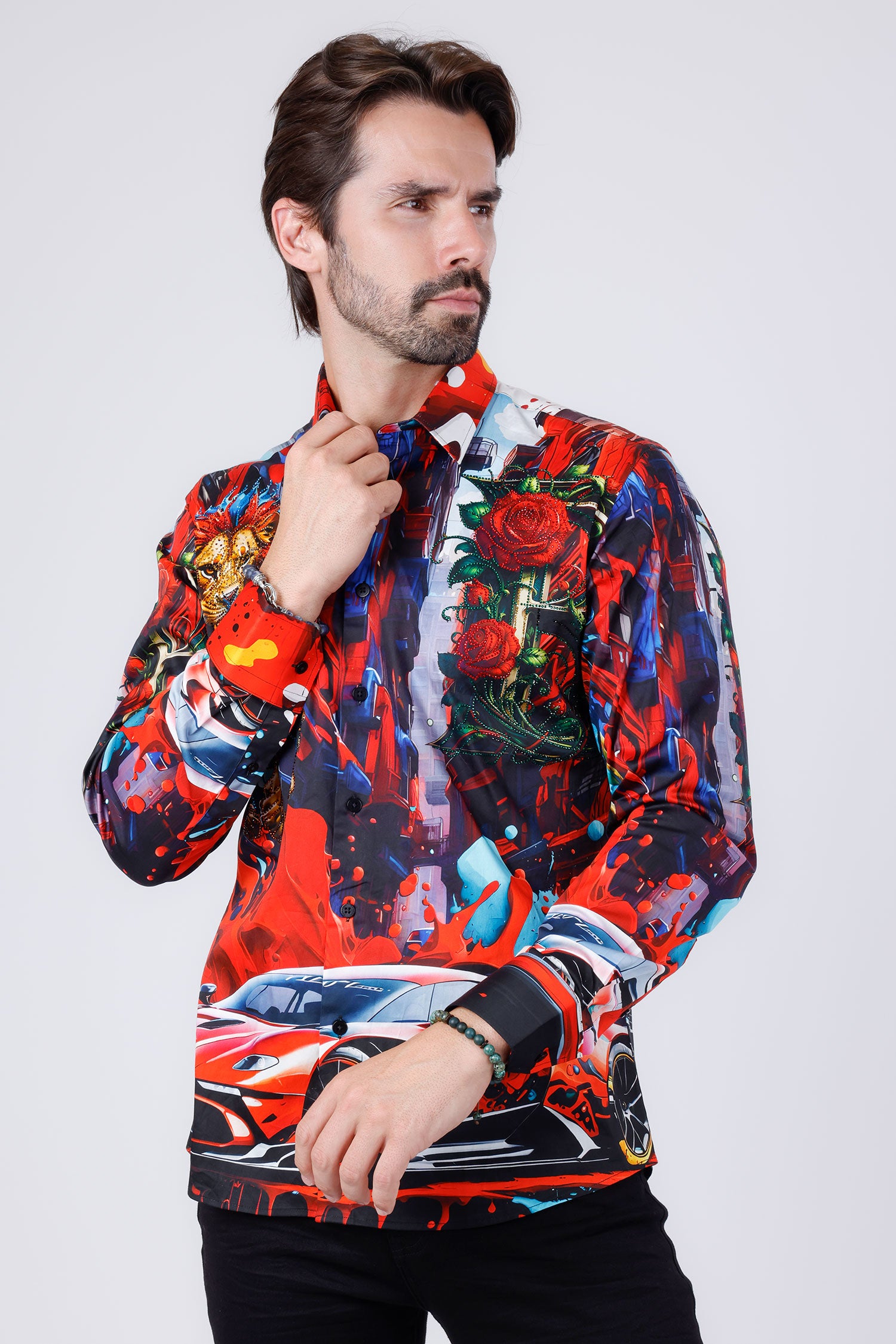 BARABAS Men's Rhinestone Floral Lion Long Sleeve Shirts 4SPR05 Red