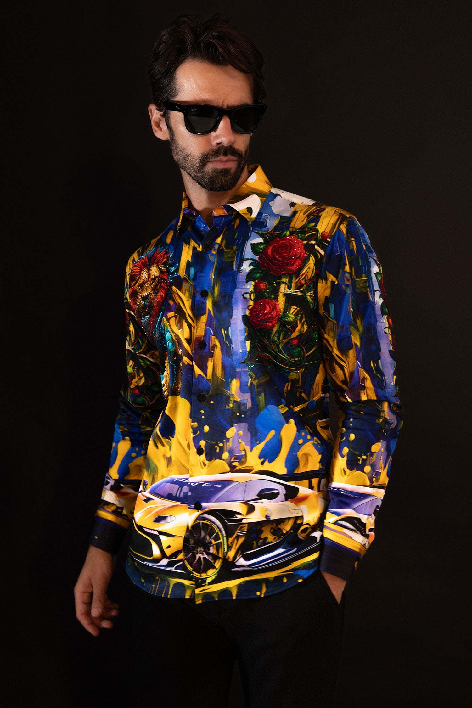 BARABAS Men's Rhinestone Floral Lion Long Sleeve Shirts 4SPR05 Royal