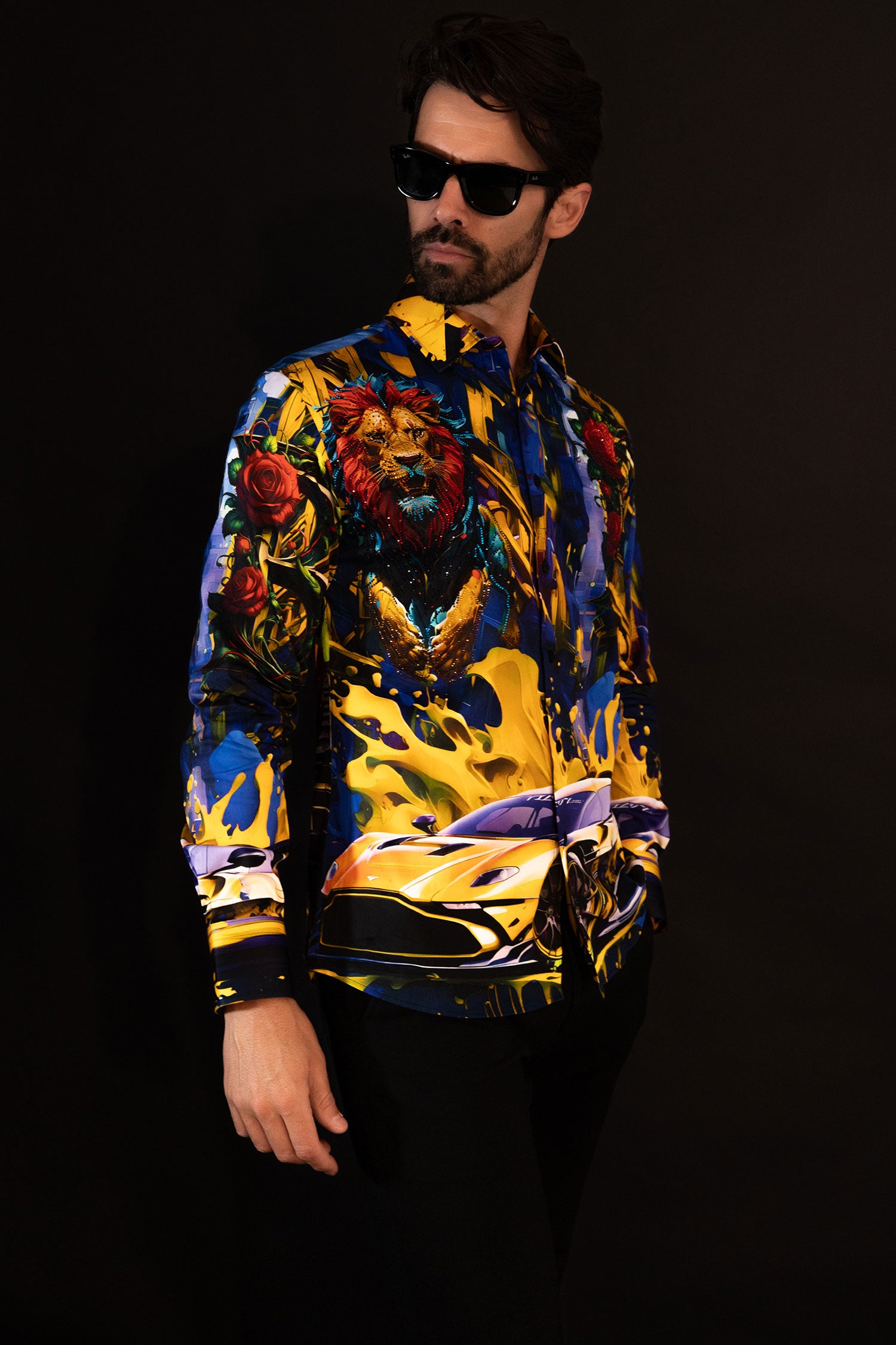 BARABAS Men's Rhinestone Floral Lion Long Sleeve Shirts 4SPR05 Royal