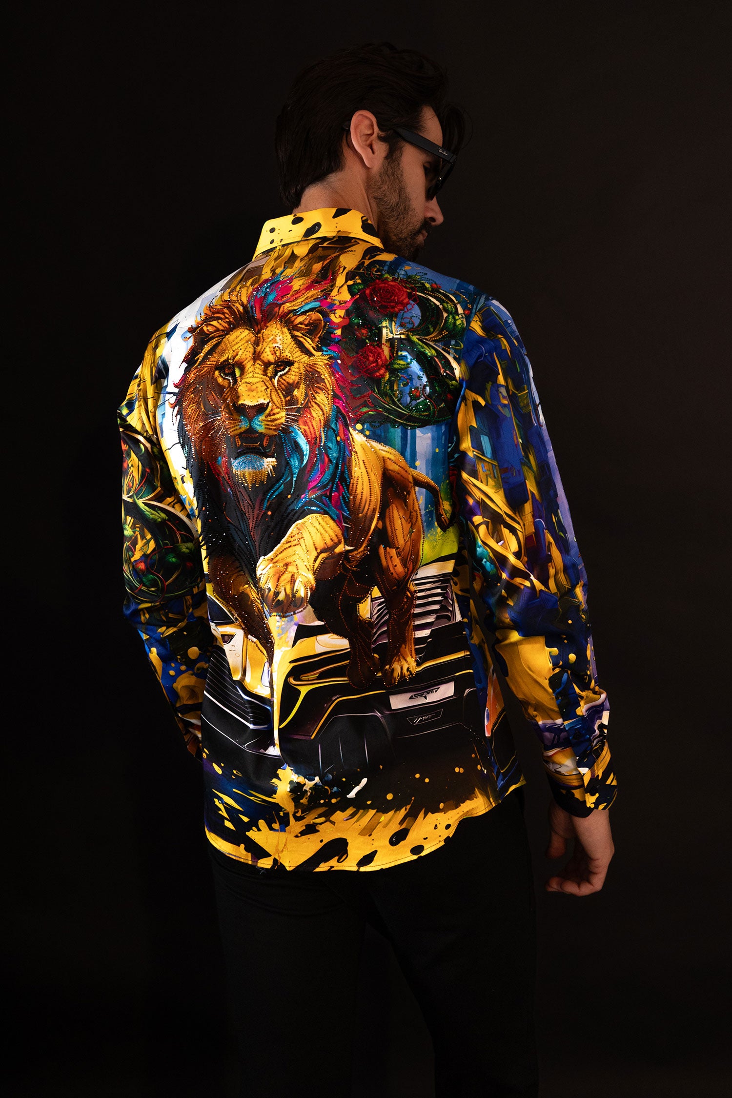 BARABAS Men's Rhinestone Floral Lion Long Sleeve Shirts 4SPR05 Royal