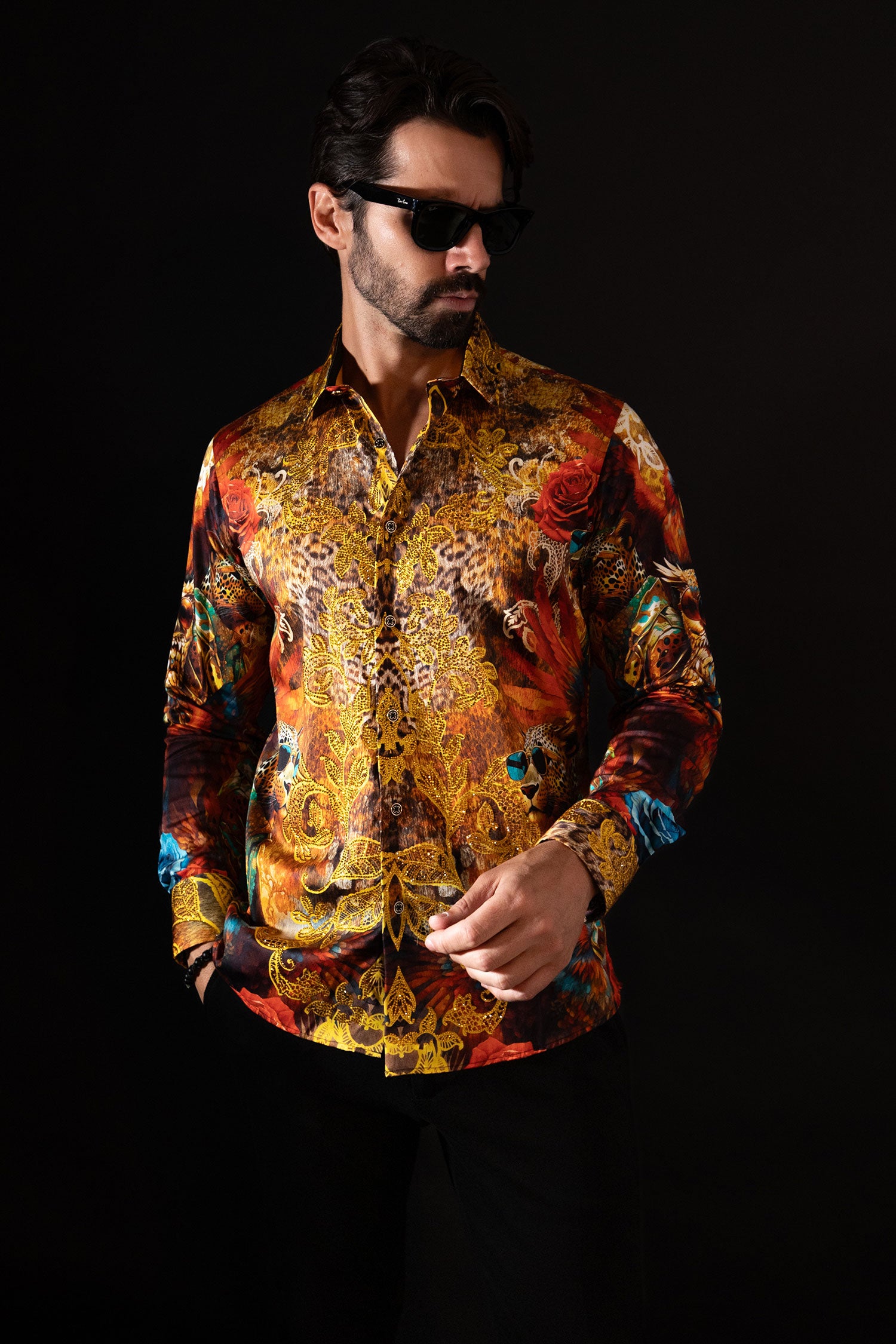 BARABAS Men's Rhinestone Rose Owl Eagle Long Sleeve Shirts 4SPR06 Red