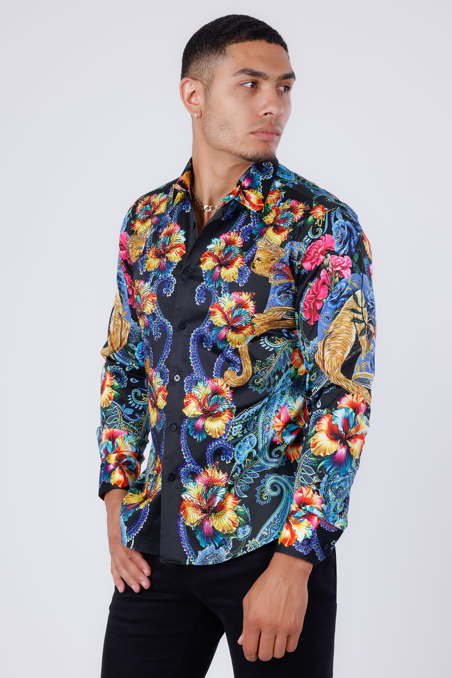 Barabas Men's Rhinestone Floral Paisley Long Sleeve Shirts 4SPR07 Multi