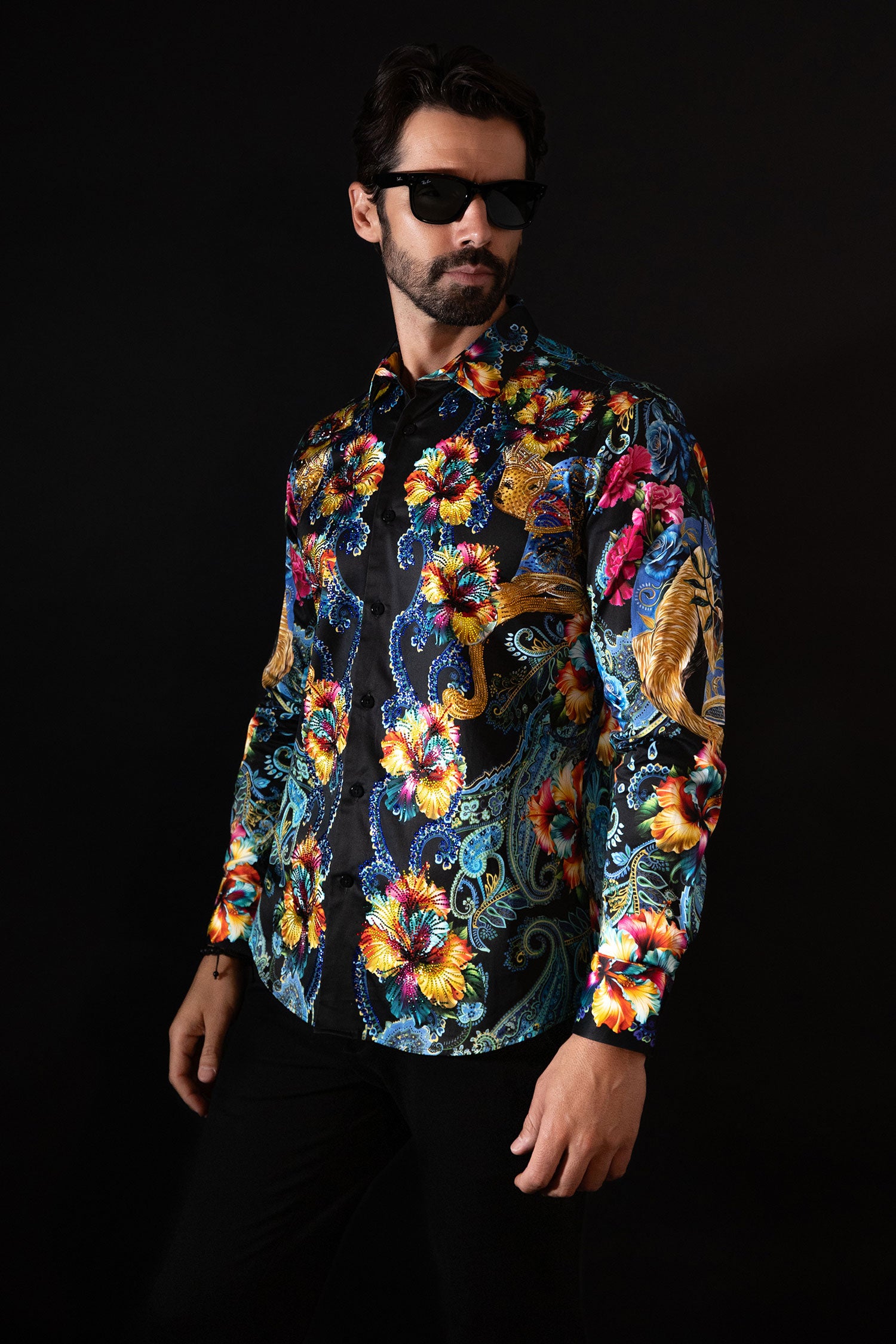 Barabas Men's Rhinestone Floral Paisley Long Sleeve Shirts 4SPR07 Multi
