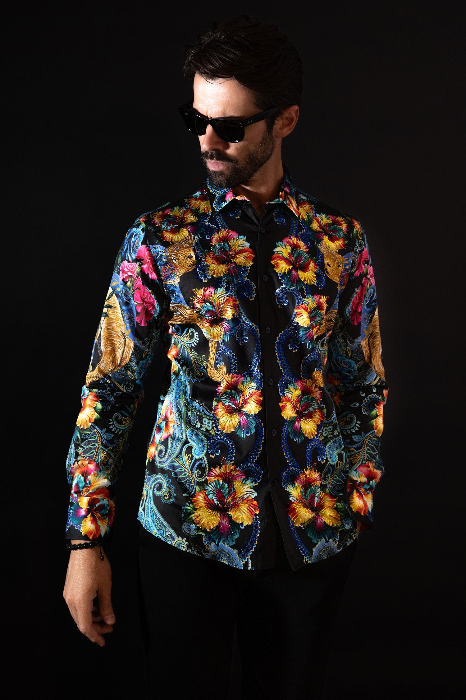 Barabas Men's Rhinestone Floral Paisley Long Sleeve Shirts 4SPR07 Multi