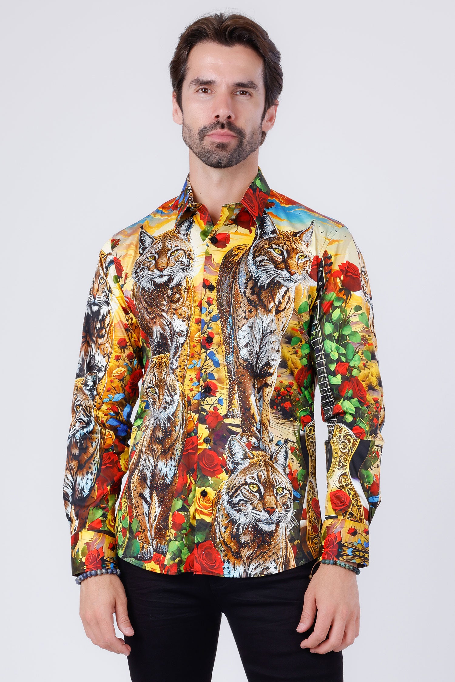 Barabas Men's Rhinestone Floral Animal Long Sleeve Shirts 4SPR08 Black