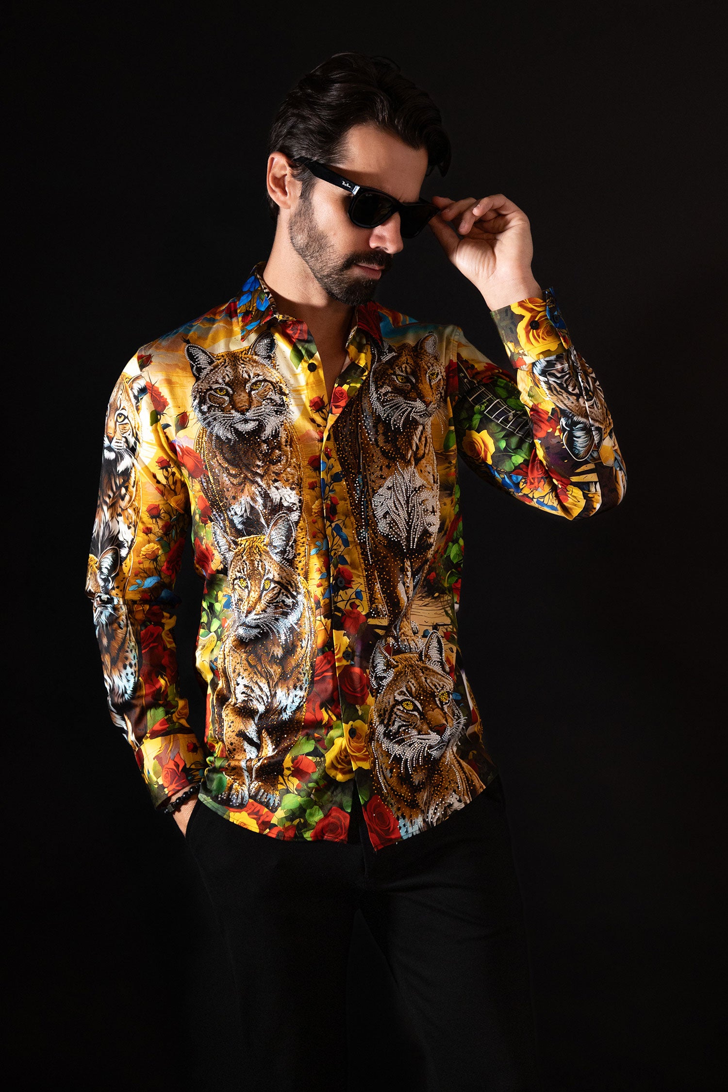 Barabas Men's Rhinestone Floral Animal Long Sleeve Shirts 4SPR08 Black