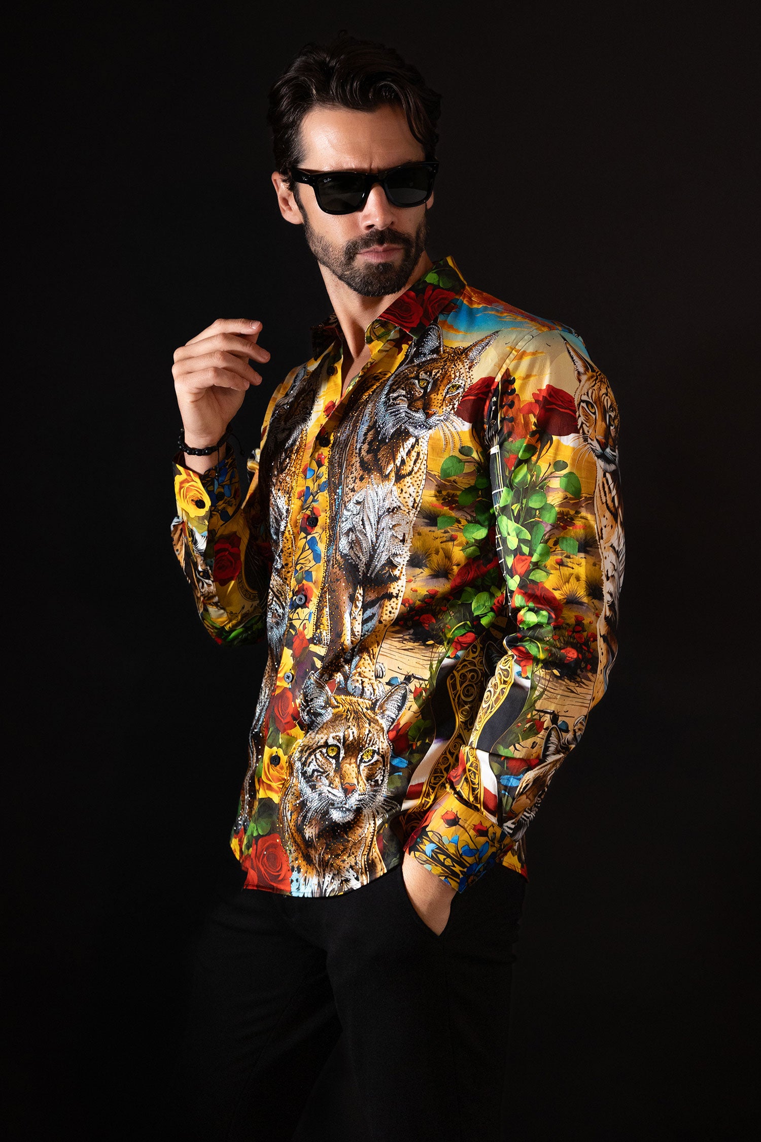 Barabas Men's Rhinestone Floral Animal Long Sleeve Shirts 4SPR08 Black