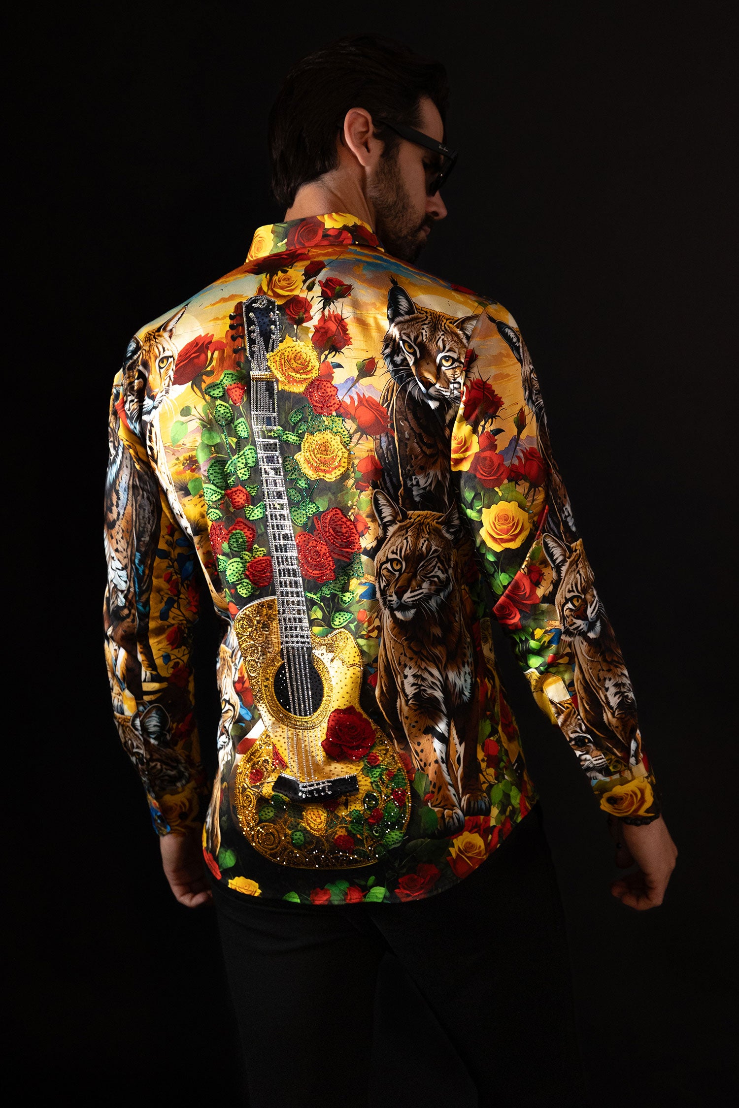 Barabas Men's Rhinestone Floral Animal Long Sleeve Shirts 4SPR08 Black