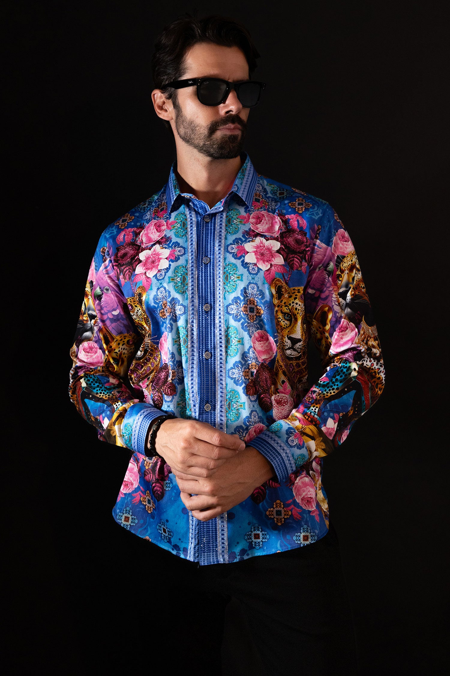 Barabas Men's Rhinestone Panther Cheetah Long Sleeve Shirts 4SPR09 Blue