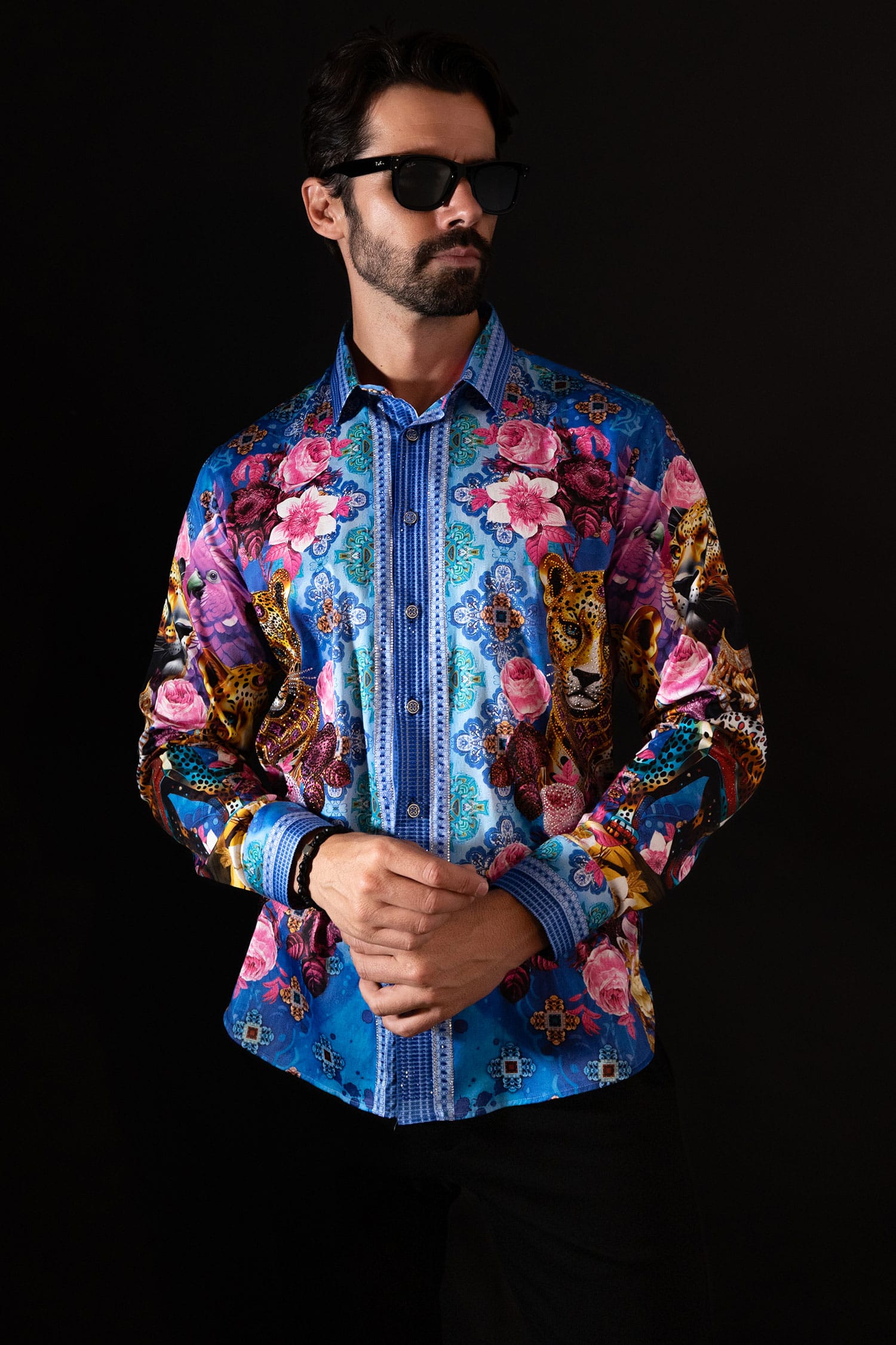 Barabas Men's Rhinestone Panther Cheetah Long Sleeve Shirts 4SPR09 Blue