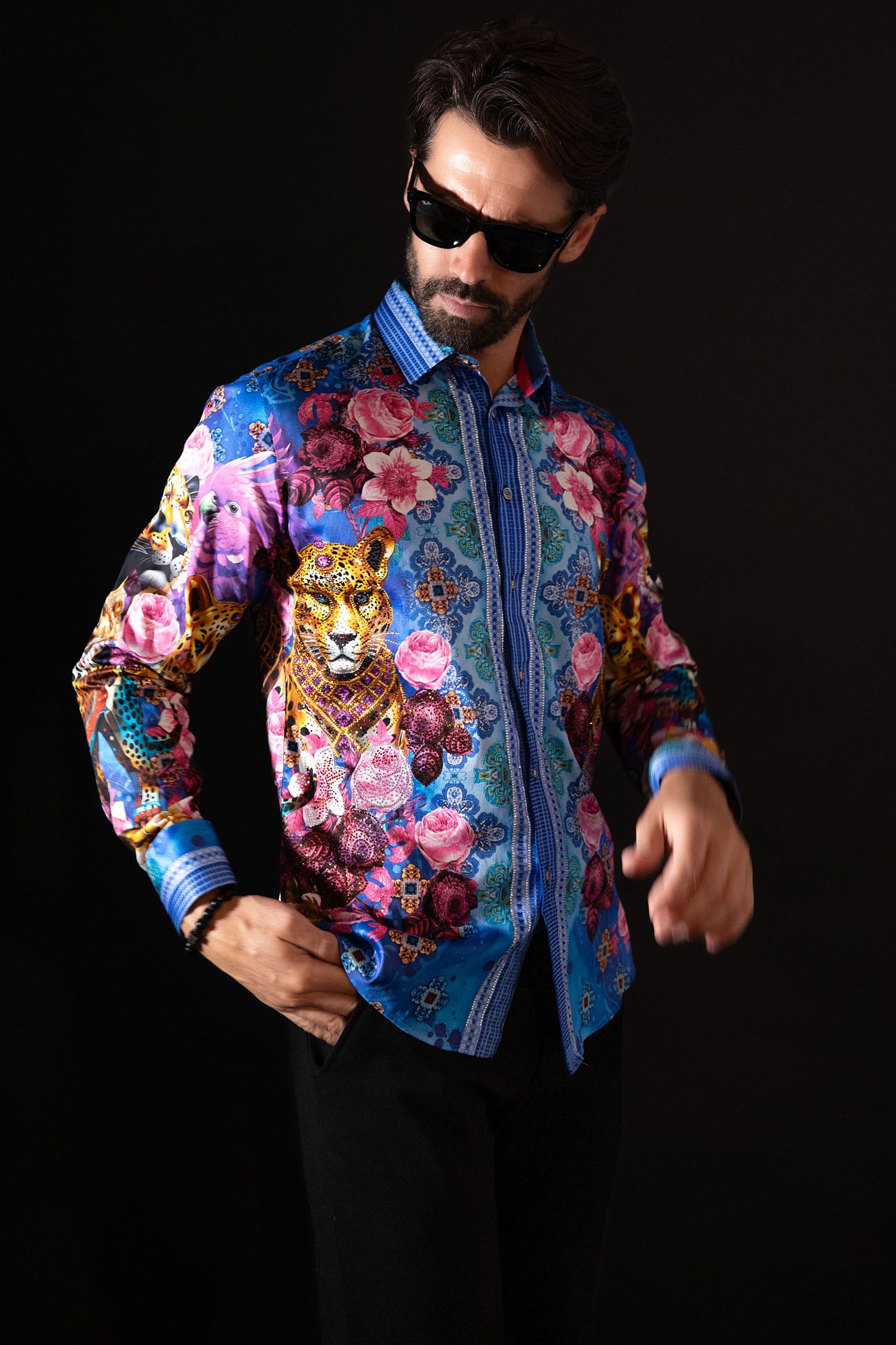 Barabas Men's Rhinestone Panther Cheetah Long Sleeve Shirts 4SPR09 Blue