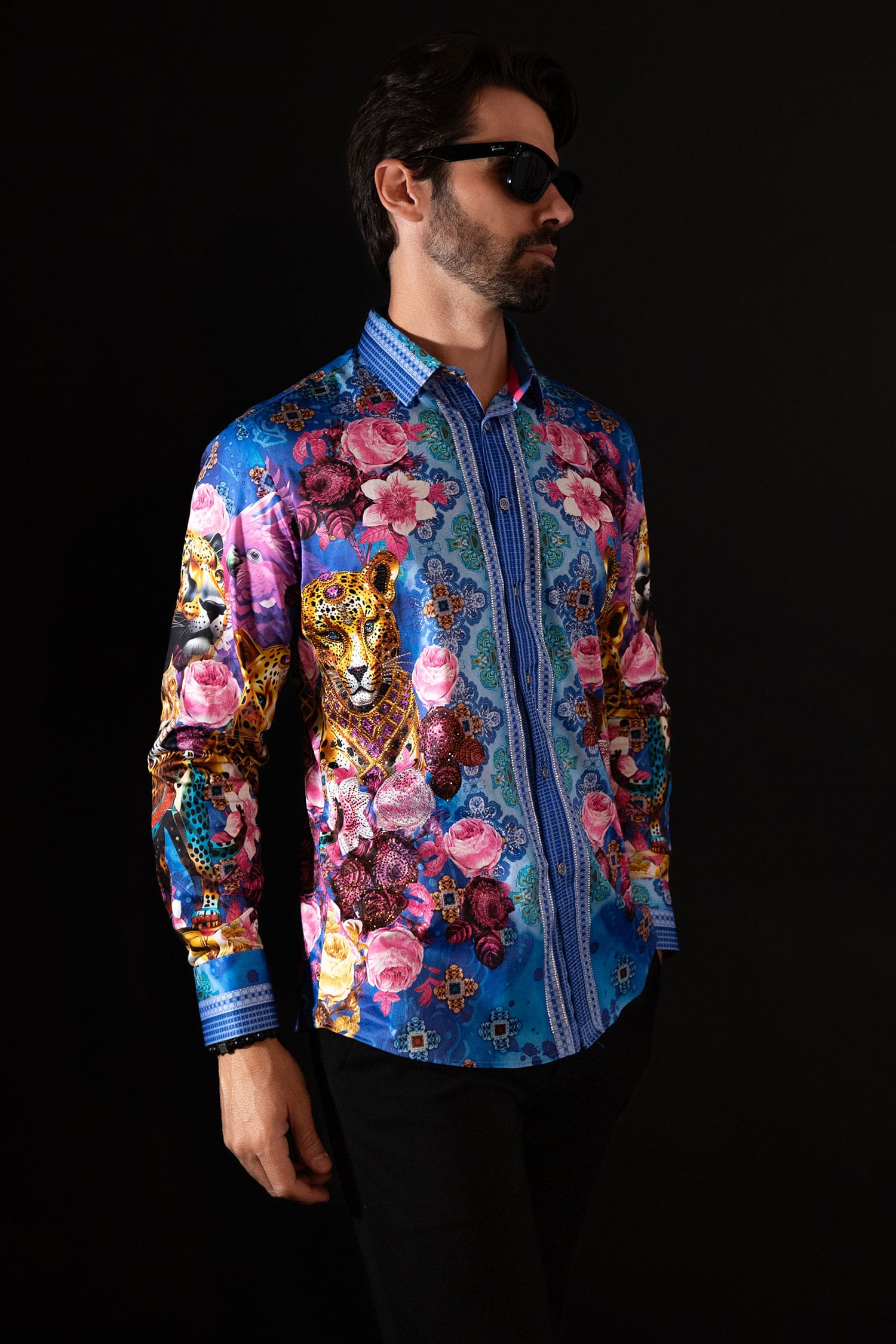 Barabas Men's Rhinestone Panther Cheetah Long Sleeve Shirts 4SPR09 Multi