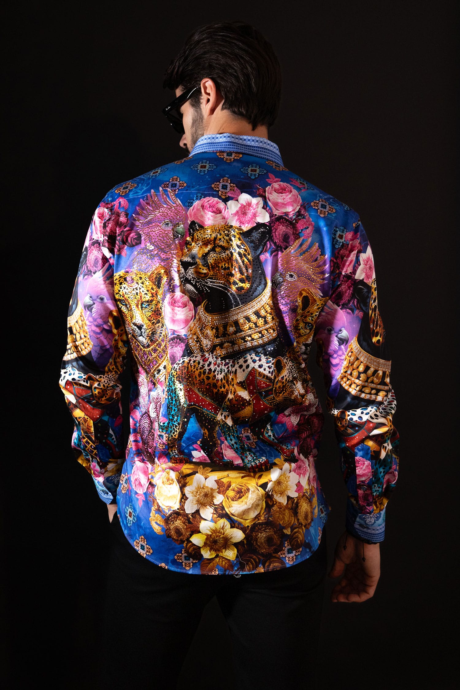 Barabas Men's Rhinestone Panther Cheetah Long Sleeve Shirts 4SPR09 Blue
