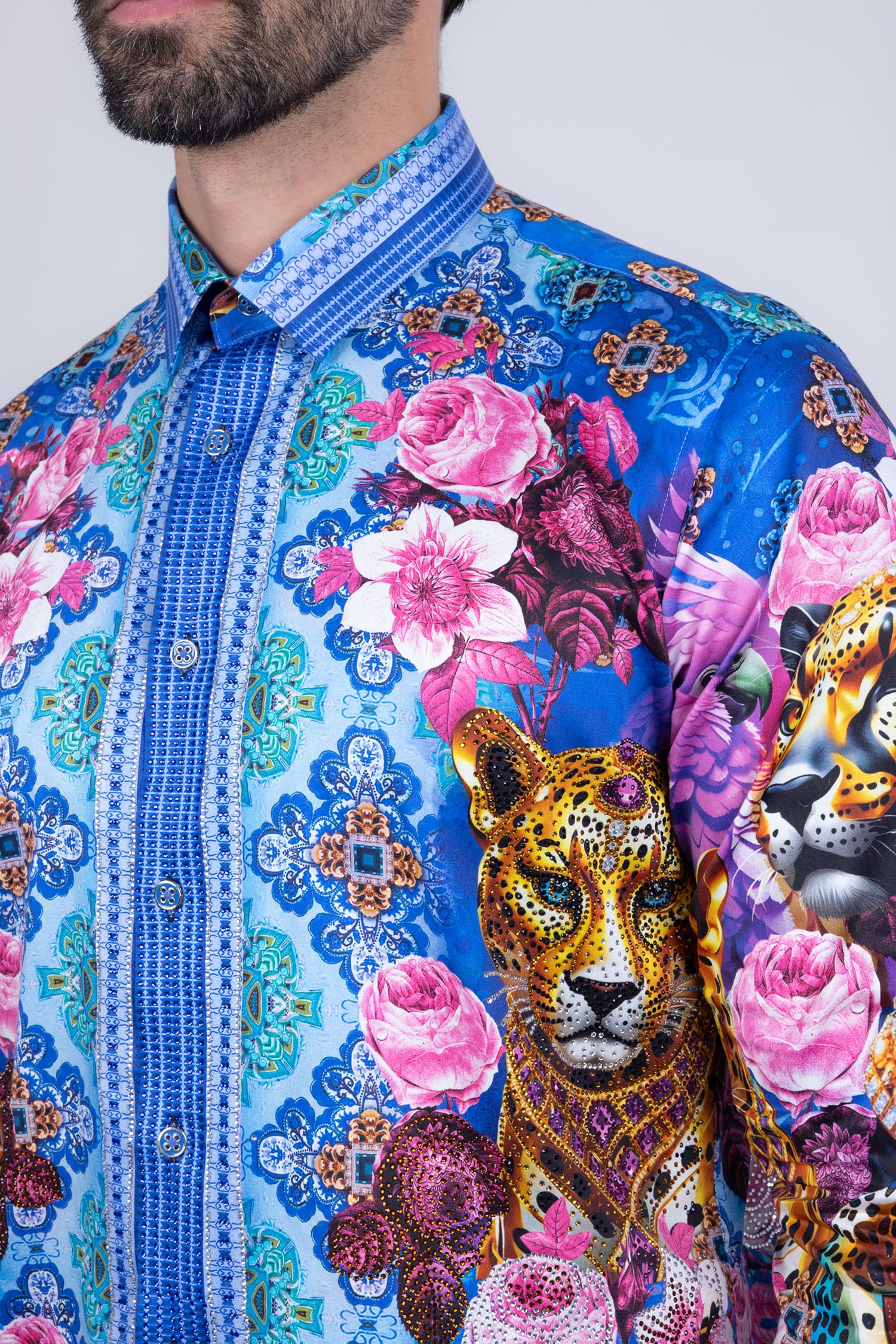 Barabas Men's Rhinestone Panther Cheetah Long Sleeve Shirts 4SPR09 Blue