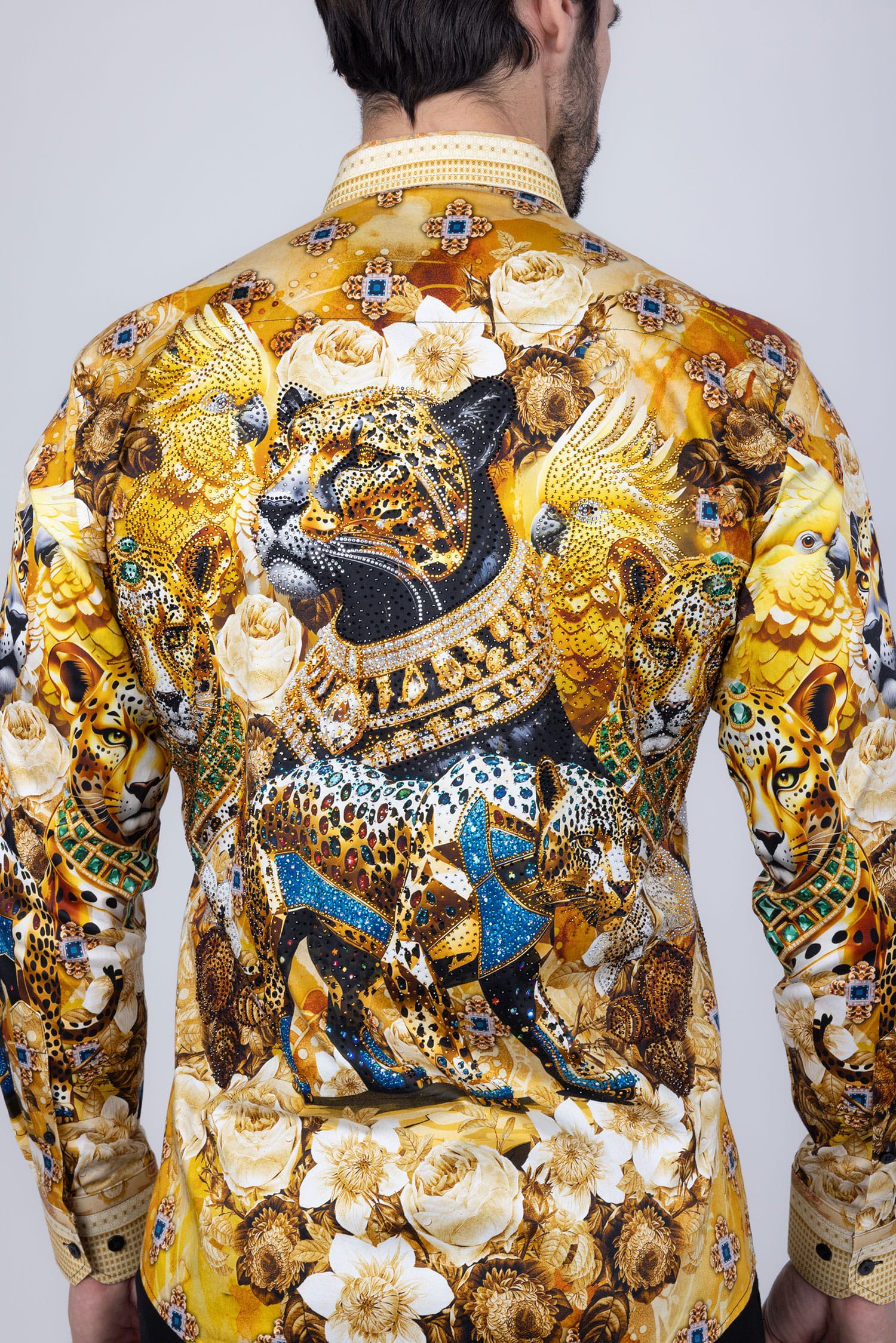 Barabas Men's Rhinestone Panther Cheetah Long Sleeve Shirts 4SPR09 Cream