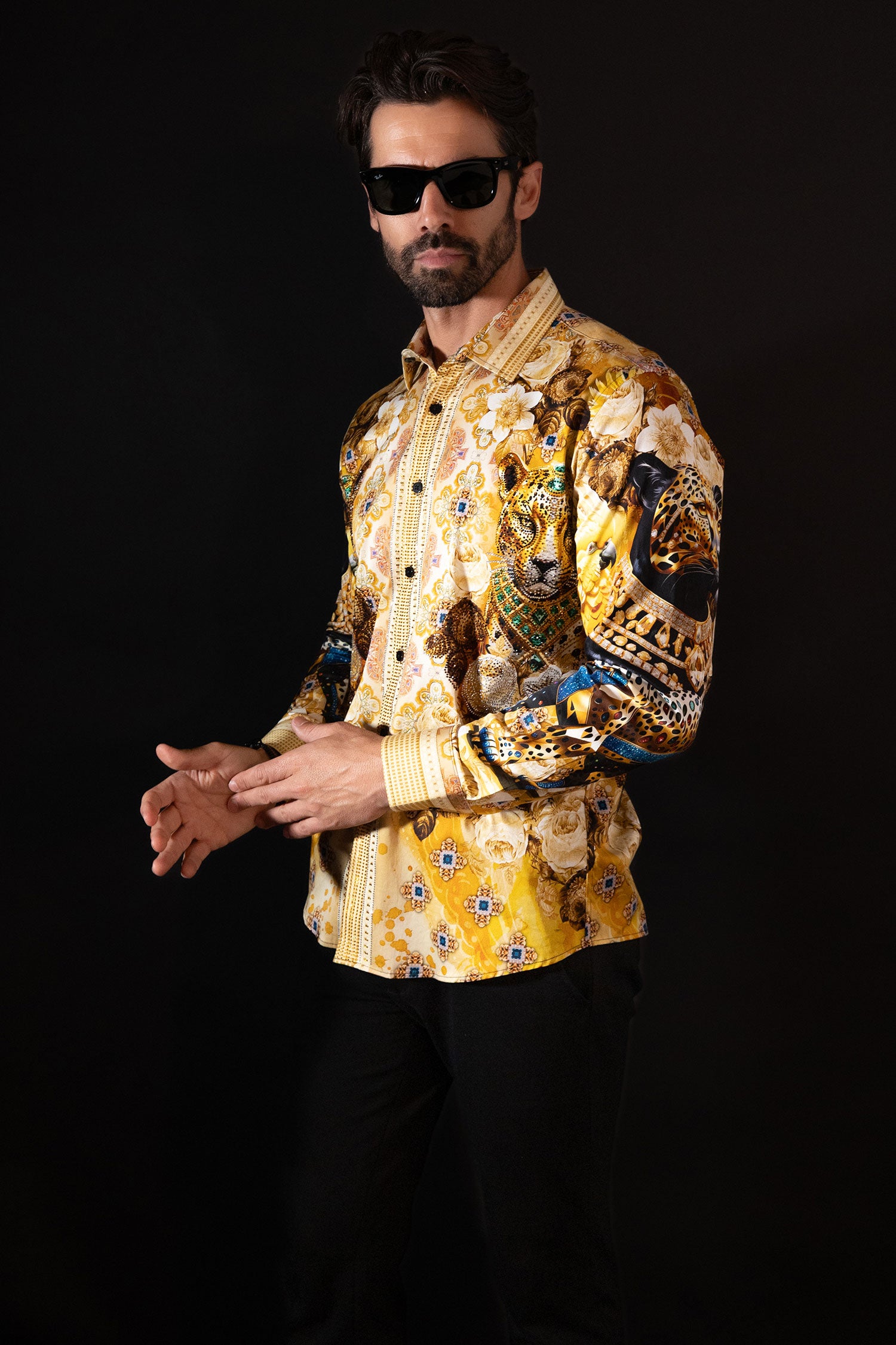 Barabas Men's Rhinestone Panther Cheetah Long Sleeve Shirts 4SPR09 Gold