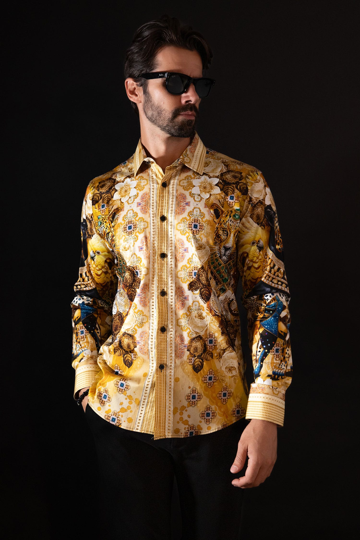 Barabas Men's Rhinestone Panther Cheetah Long Sleeve Shirts 4SPR09 Cream