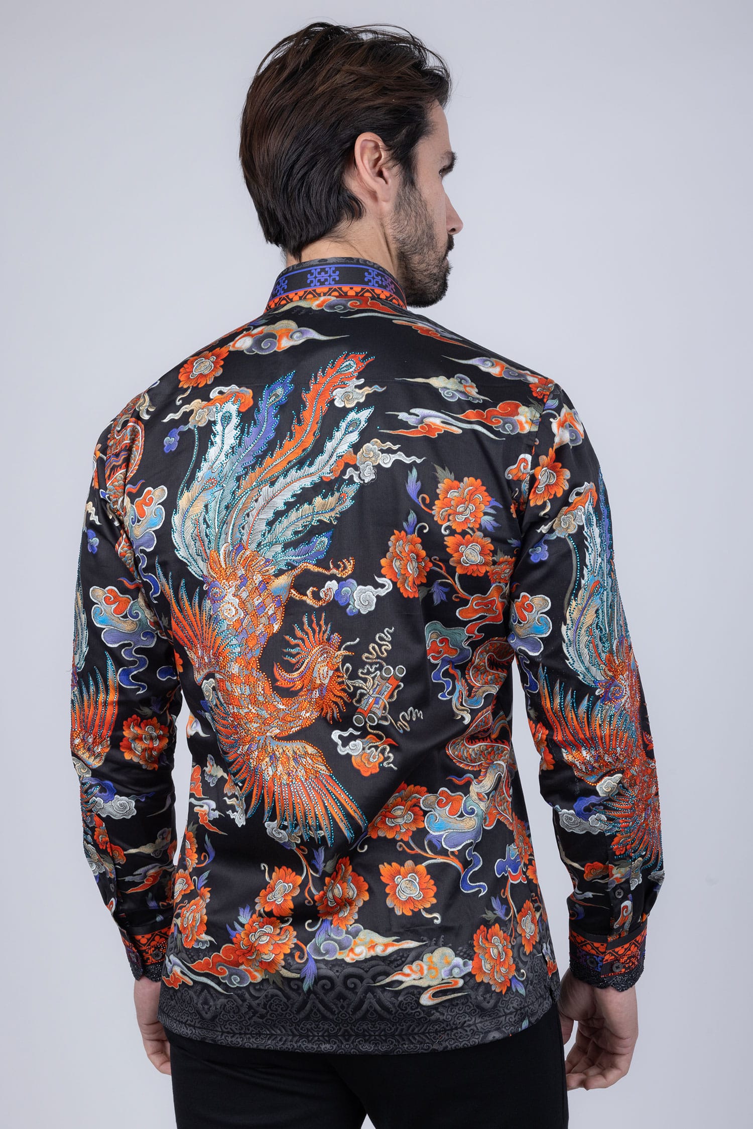 Barabas Men's Rhinestone Floral Rooster Long Sleeve Shirts 4SPR10 Charcoal