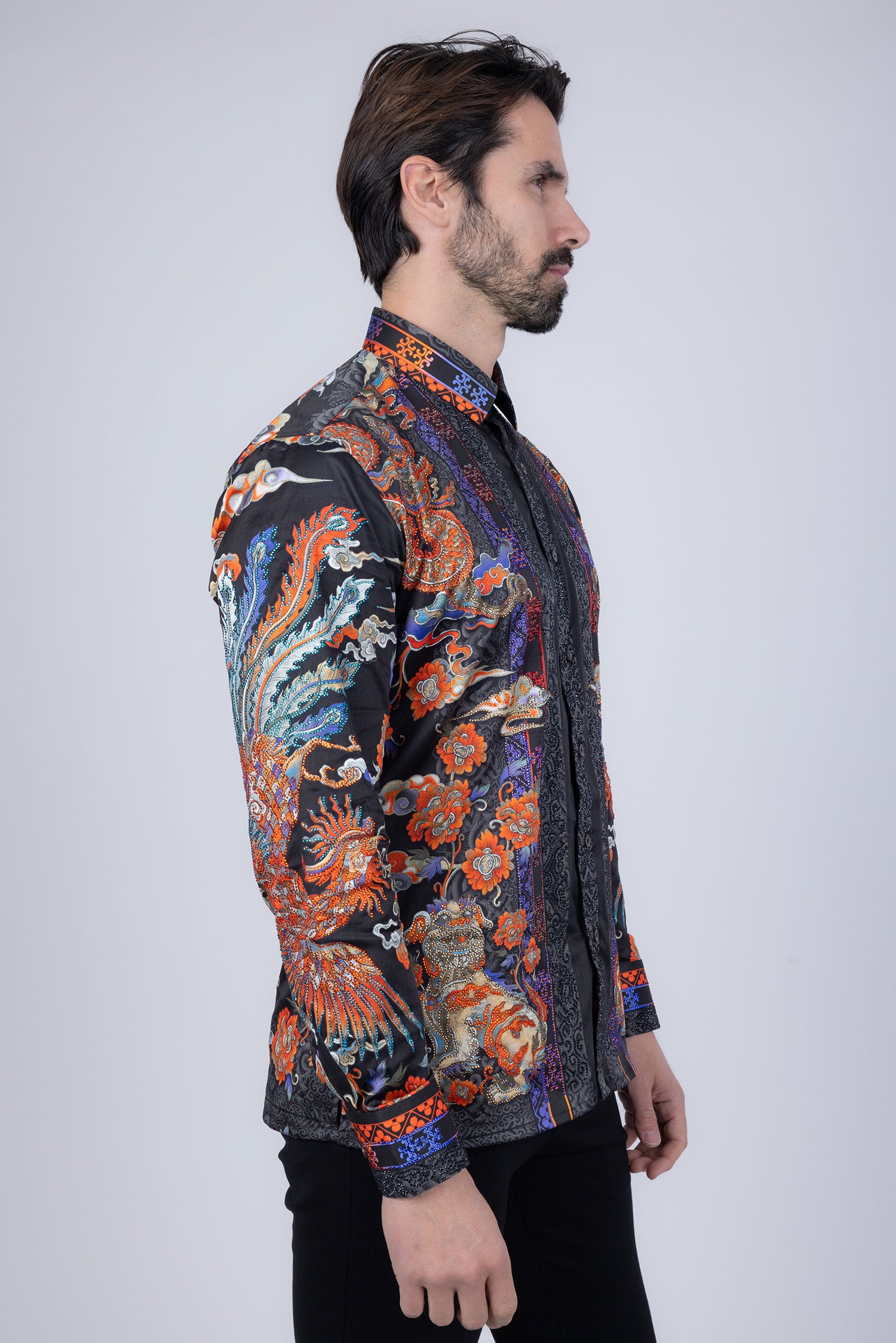 Barabas Men's Rhinestone Floral Rooster Long Sleeve Shirts 4SPR10 Grey