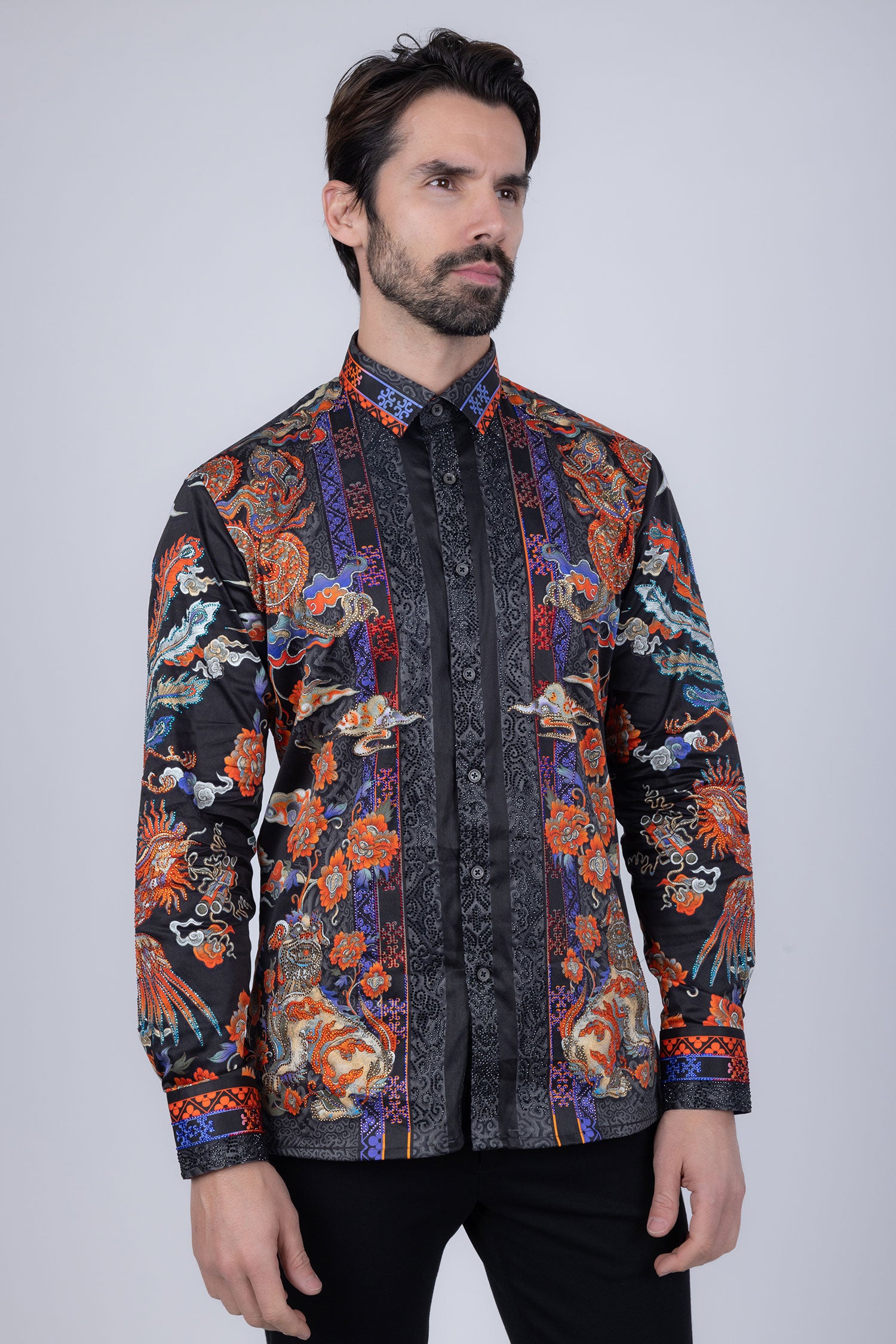 Barabas Men's Rhinestone Floral Rooster Long Sleeve Shirts 4SPR10 Orange