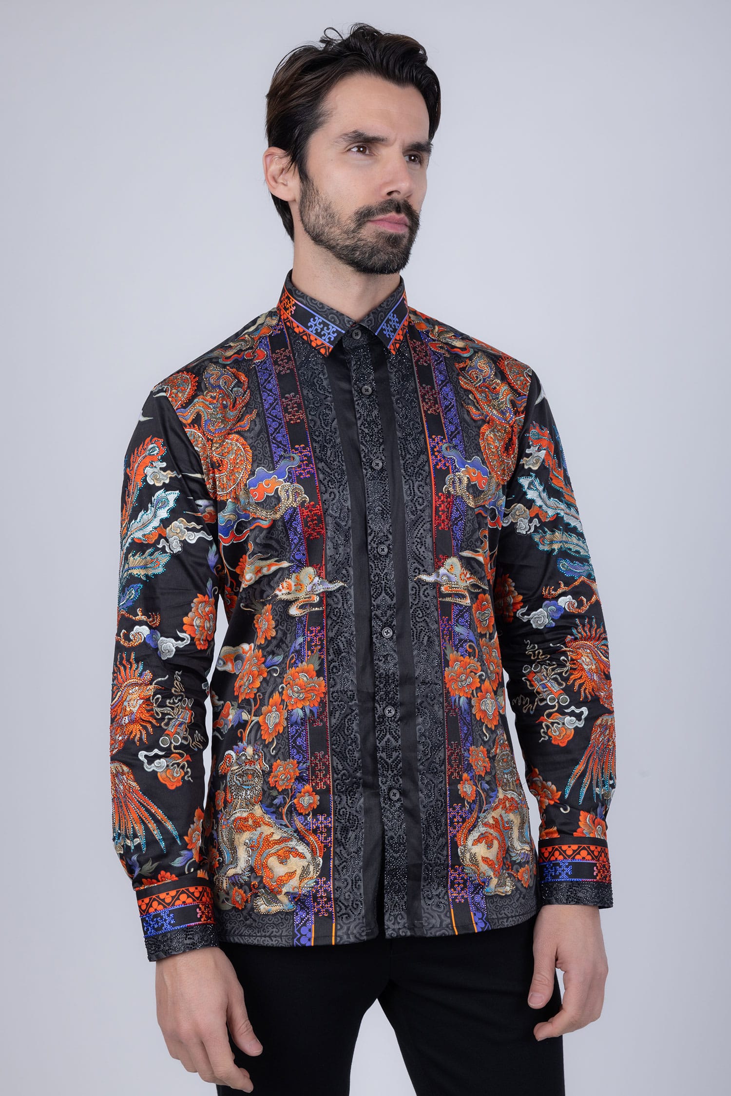 Barabas Men's Rhinestone Floral Rooster Long Sleeve Shirts 4SPR10 Orange