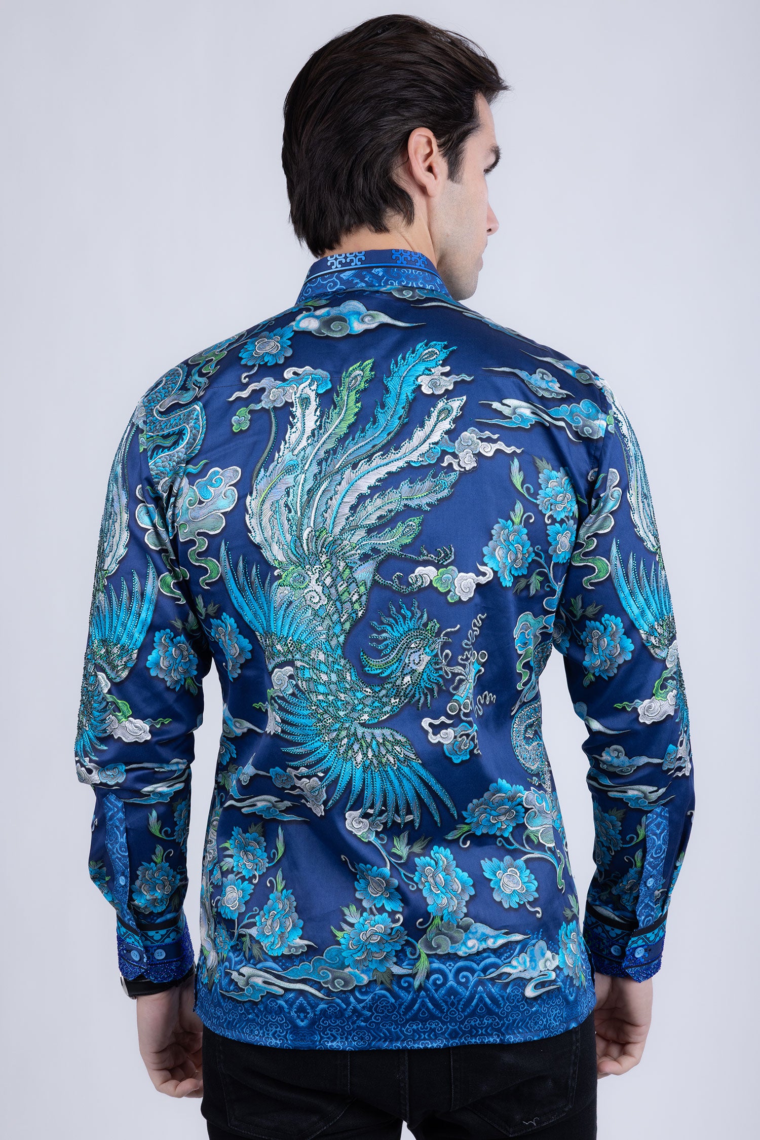 Barabas Men's Rhinestone Floral Rooster Long Sleeve Shirts 4SPR10 Blue
