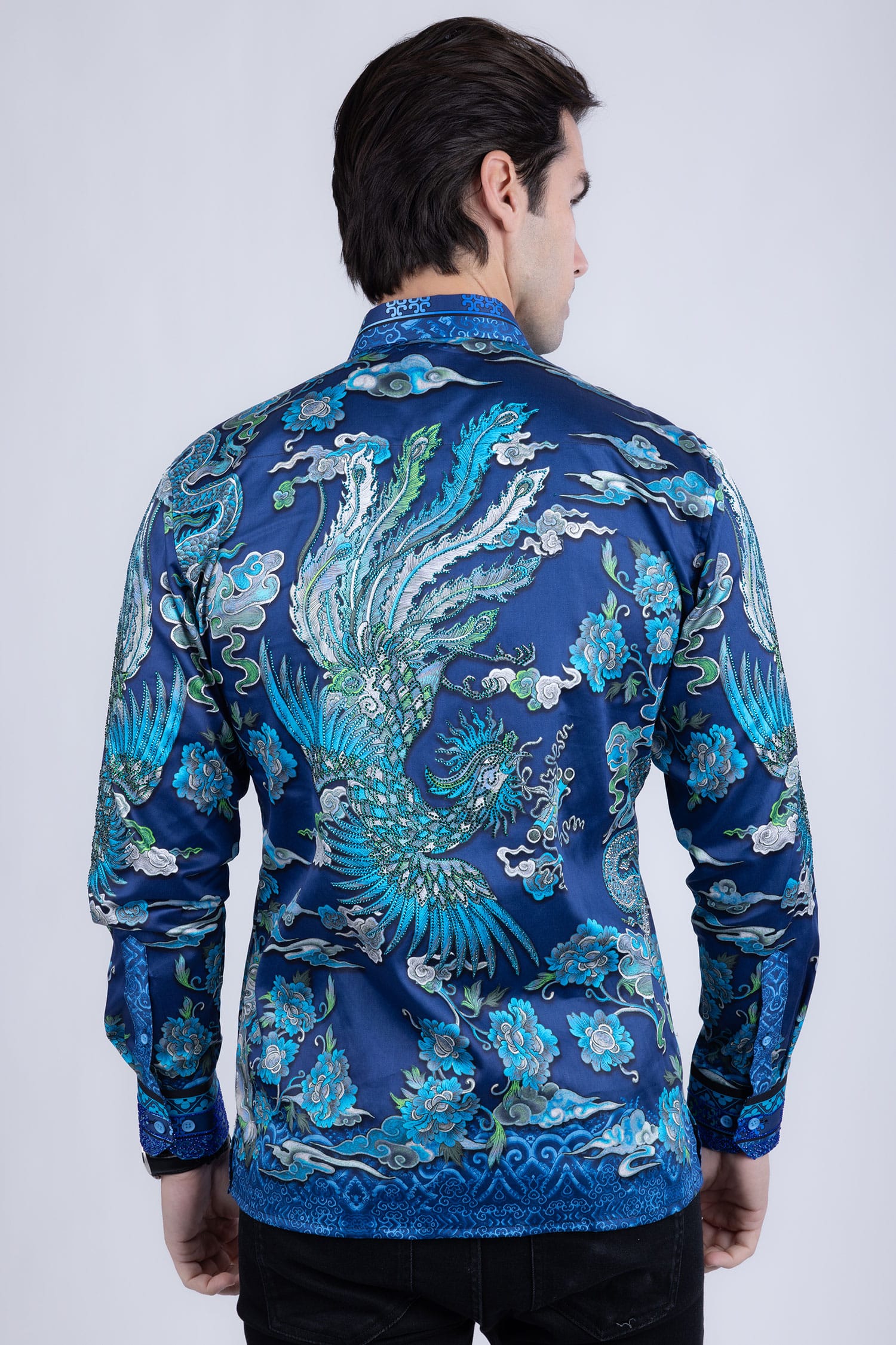 Barabas Men's Rhinestone Floral Rooster Long Sleeve Shirts 4SPR10 Blue