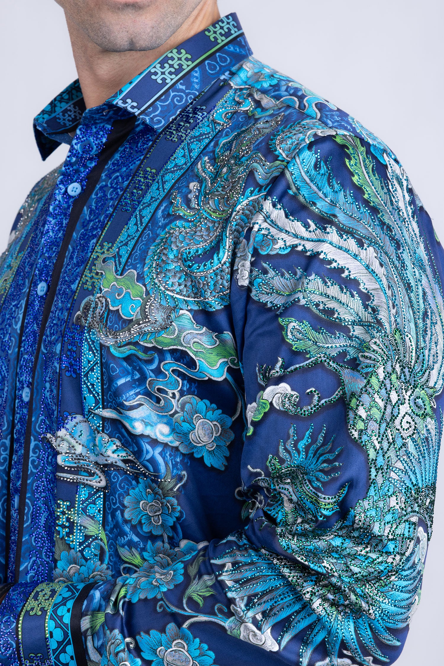 Barabas Men's Rhinestone Floral Rooster Long Sleeve Shirts 4SPR10 Royal