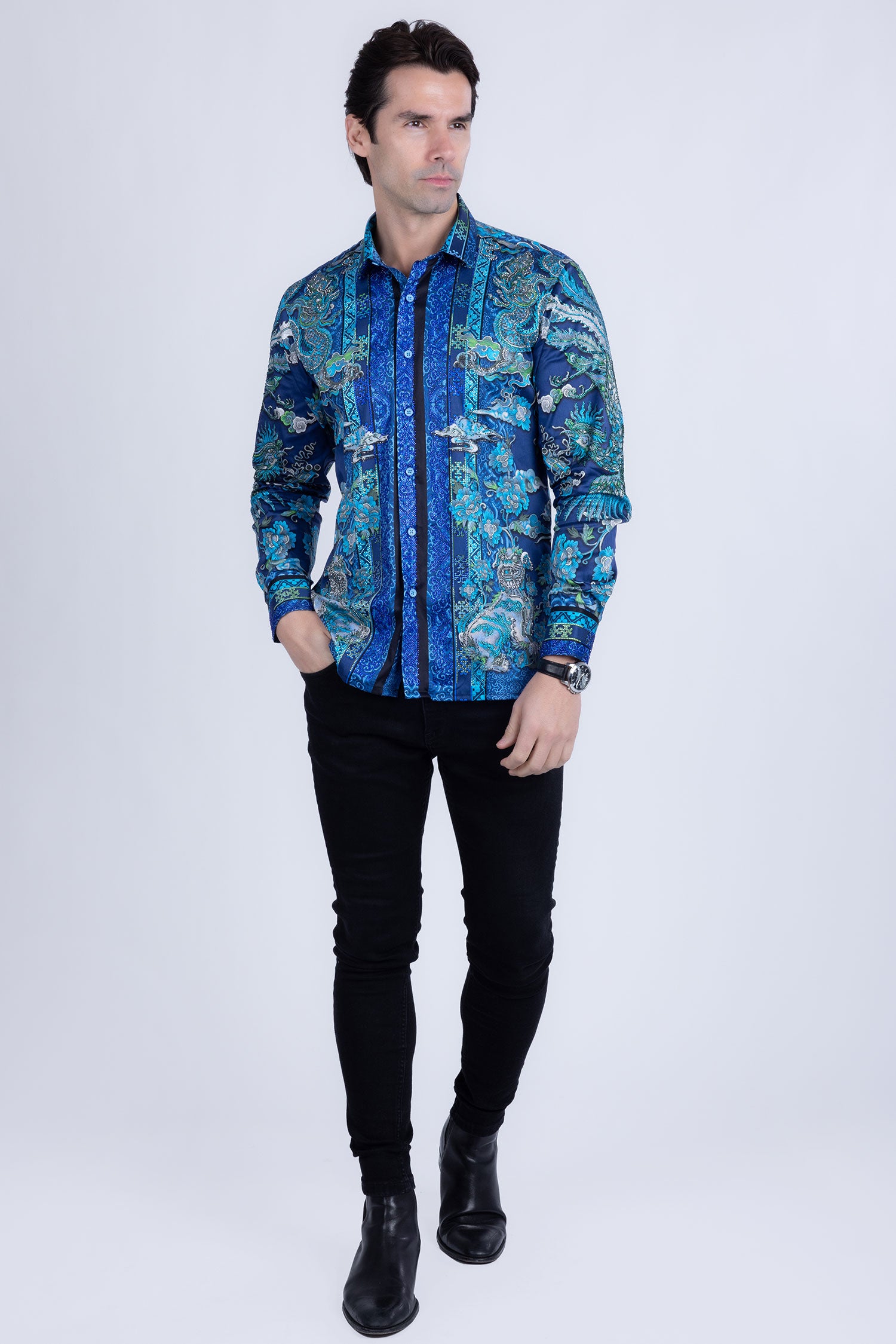 Barabas Men's Rhinestone Floral Rooster Long Sleeve Shirts 4SPR10 Blue