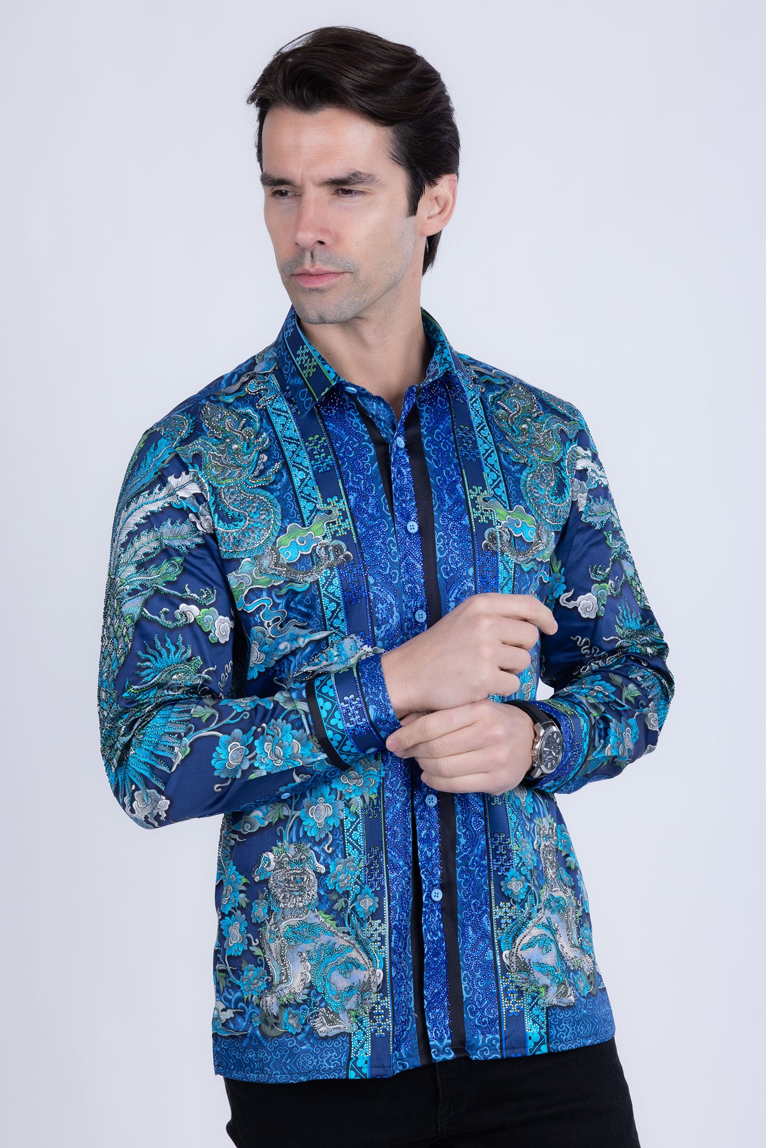 Barabas Men's Rhinestone Floral Rooster Long Sleeve Shirts 4SPR10 Blue