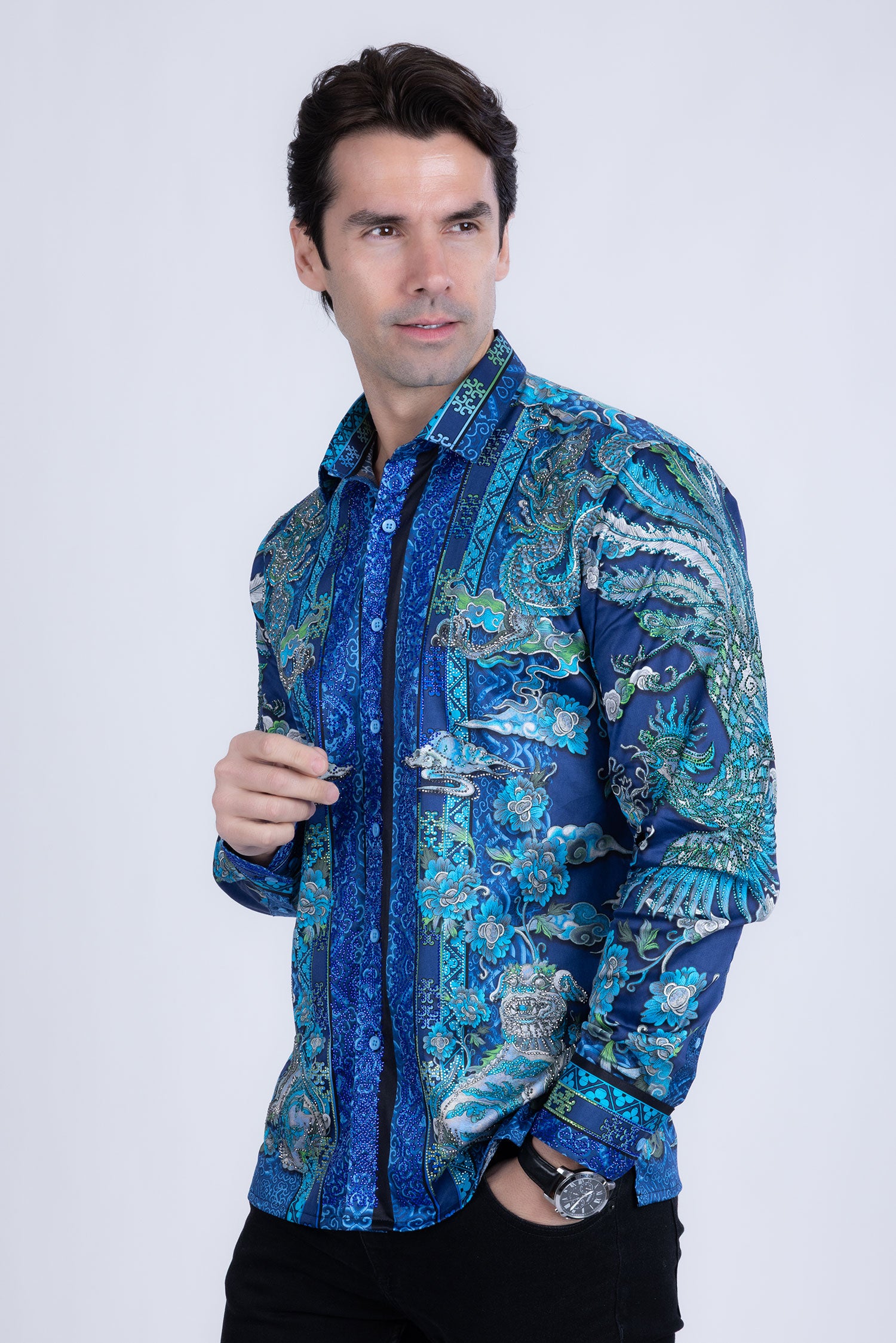 Barabas Men's Rhinestone Floral Rooster Long Sleeve Shirts 4SPR10 Sky Blue