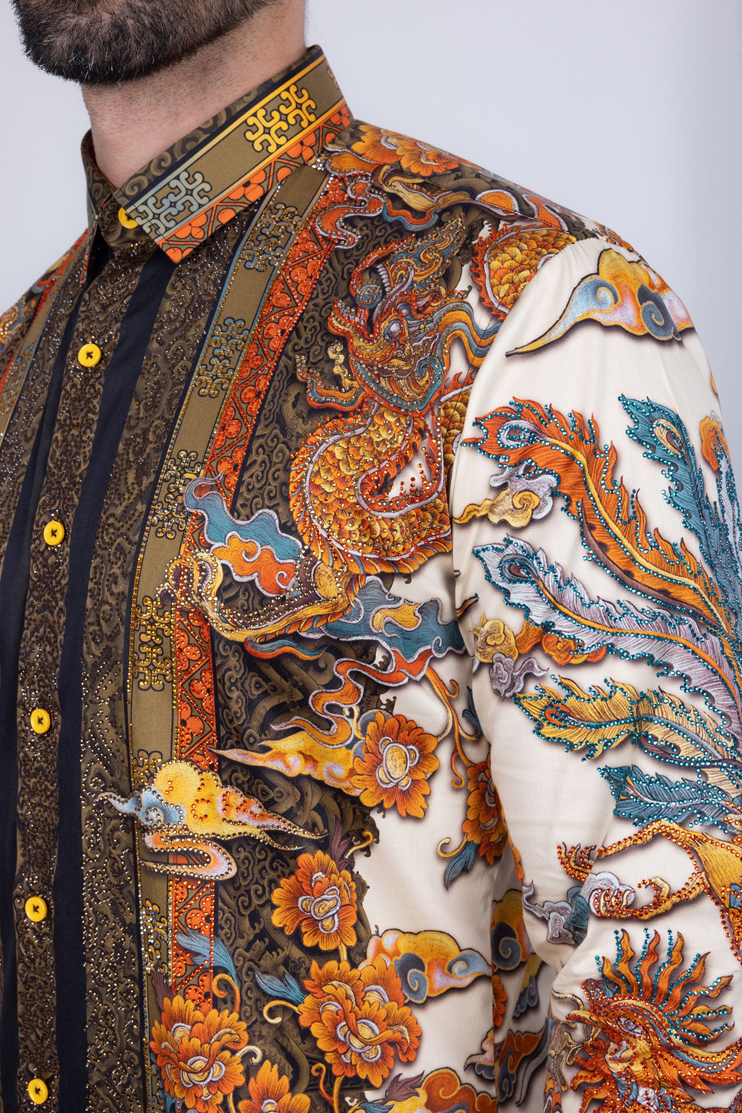 Barabas Men's Rhinestone Floral Rooster Long Sleeve Shirts 4SPR10 Cream