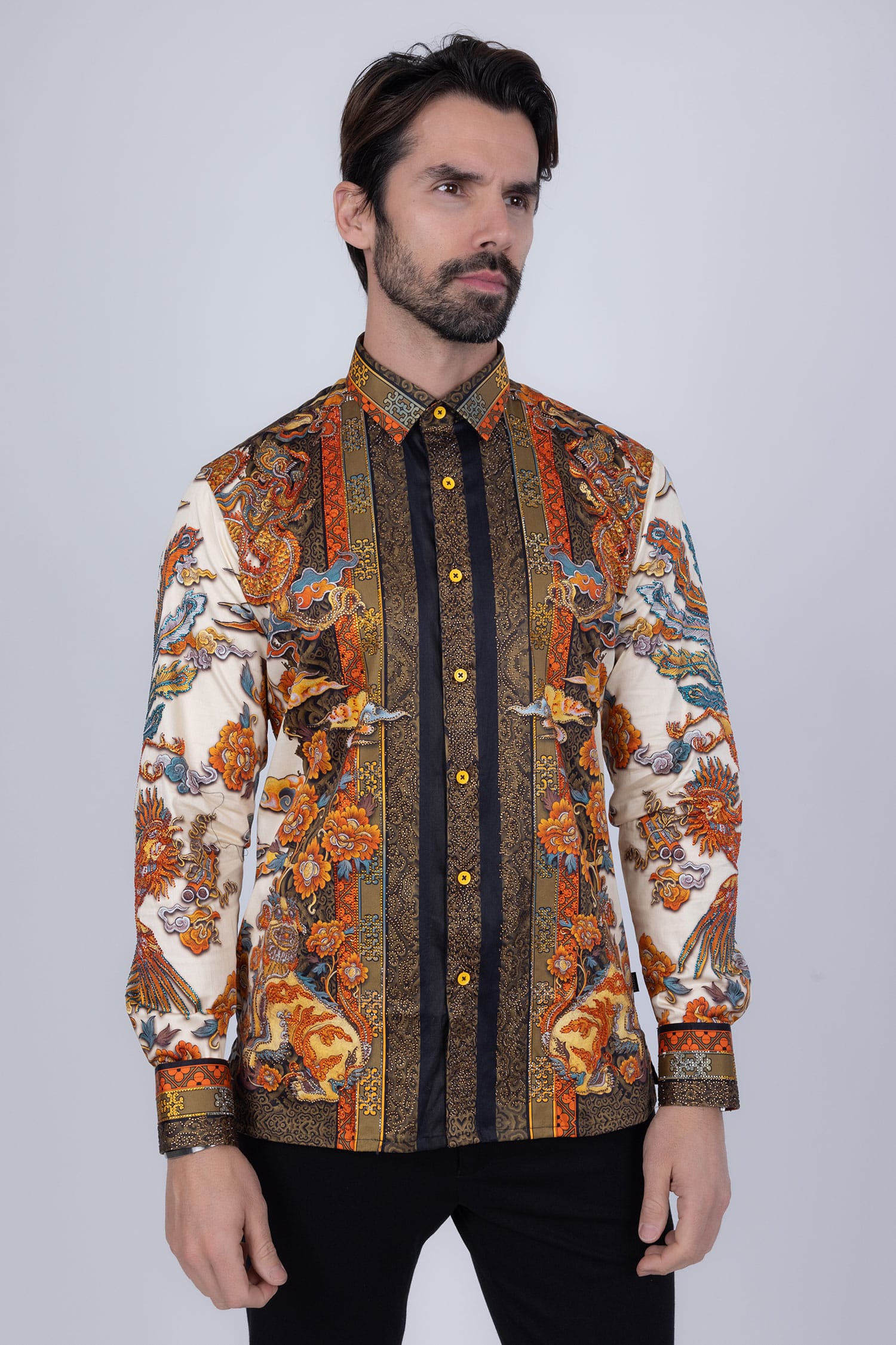 Barabas Men's Rhinestone Floral Rooster Long Sleeve Shirts 4SPR10 Cream Black