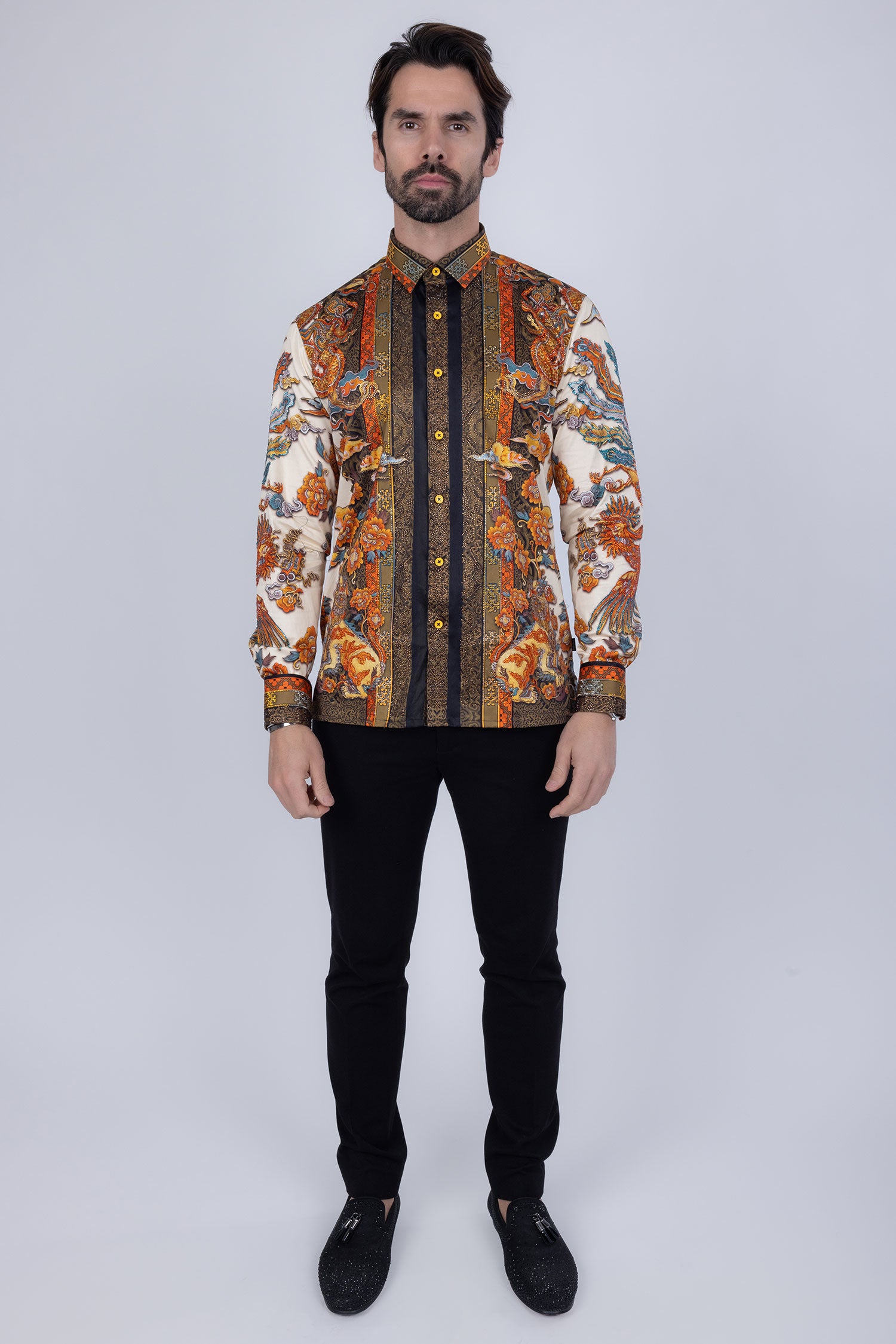 Barabas Men's Rhinestone Floral Rooster Long Sleeve Shirts 4SPR10 Cream Black